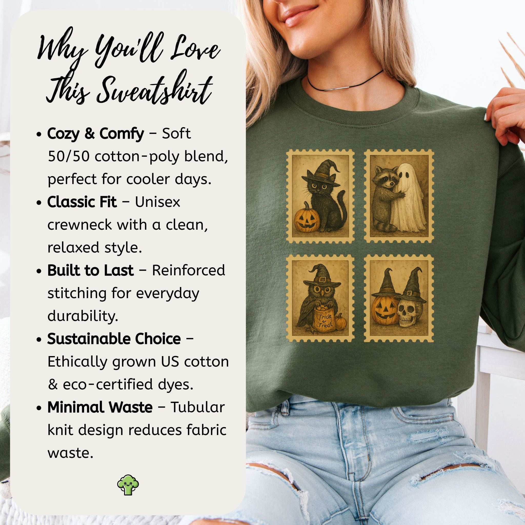 Halloween Stamps Sweatshirt – Vintage Cat, Raccoon, Owl & Pumpkin Magic