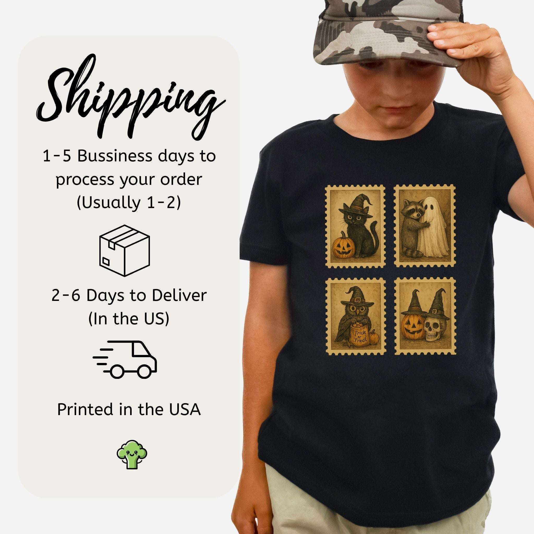 Halloween Stamps Youth Tee – Cute Cat, Raccoon, Owl & Pumpkin Magic for Kids