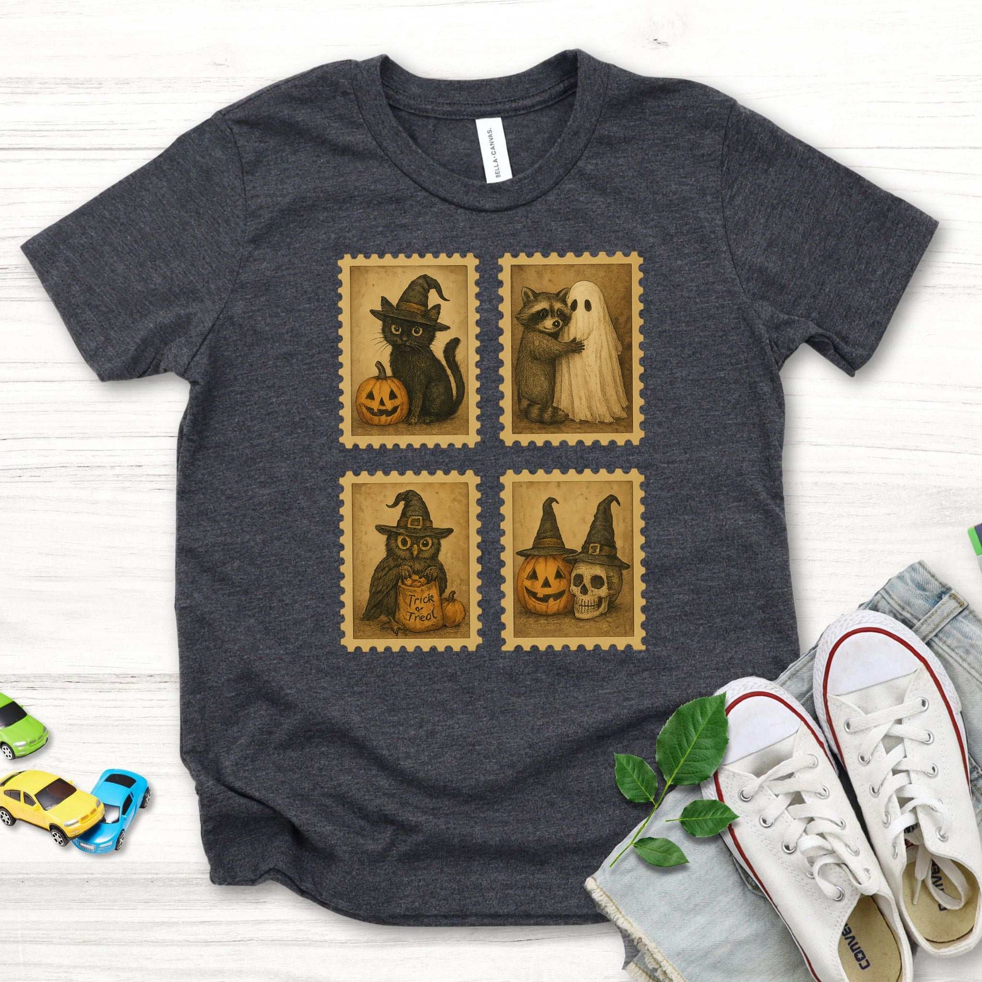 Halloween Stamps Youth Tee – Cute Cat, Raccoon, Owl & Pumpkin Magic for Kids