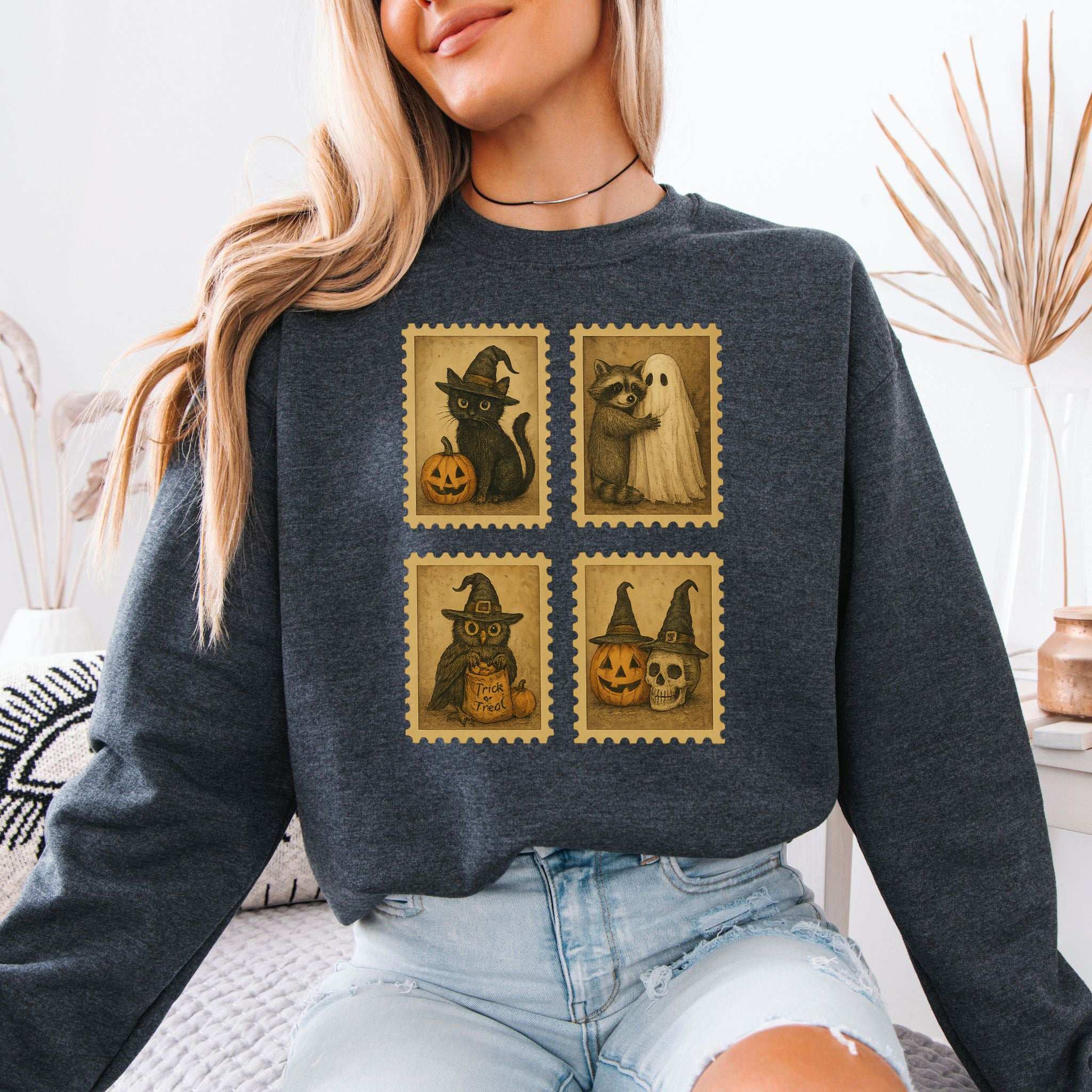 Halloween Stamps Sweatshirt – Vintage Cat, Raccoon, Owl & Pumpkin Magic