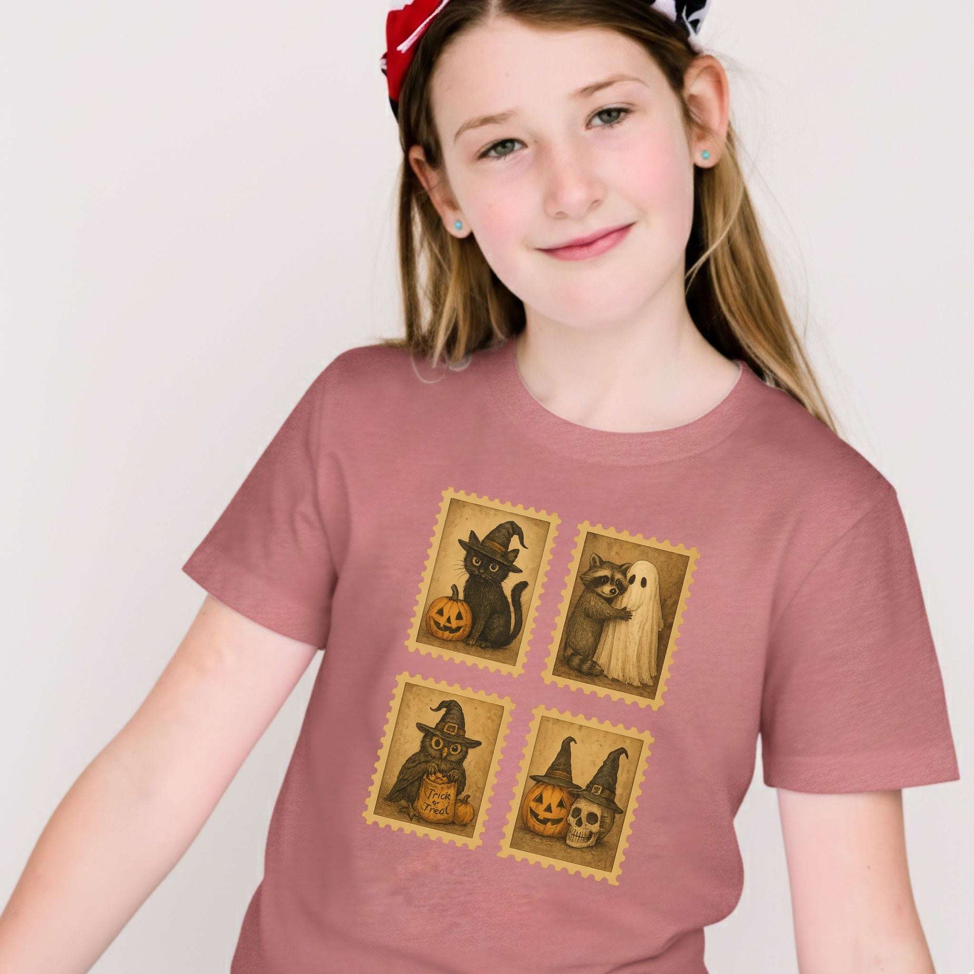 Halloween Stamps Youth Tee – Cute Cat, Raccoon, Owl & Pumpkin Magic for Kids