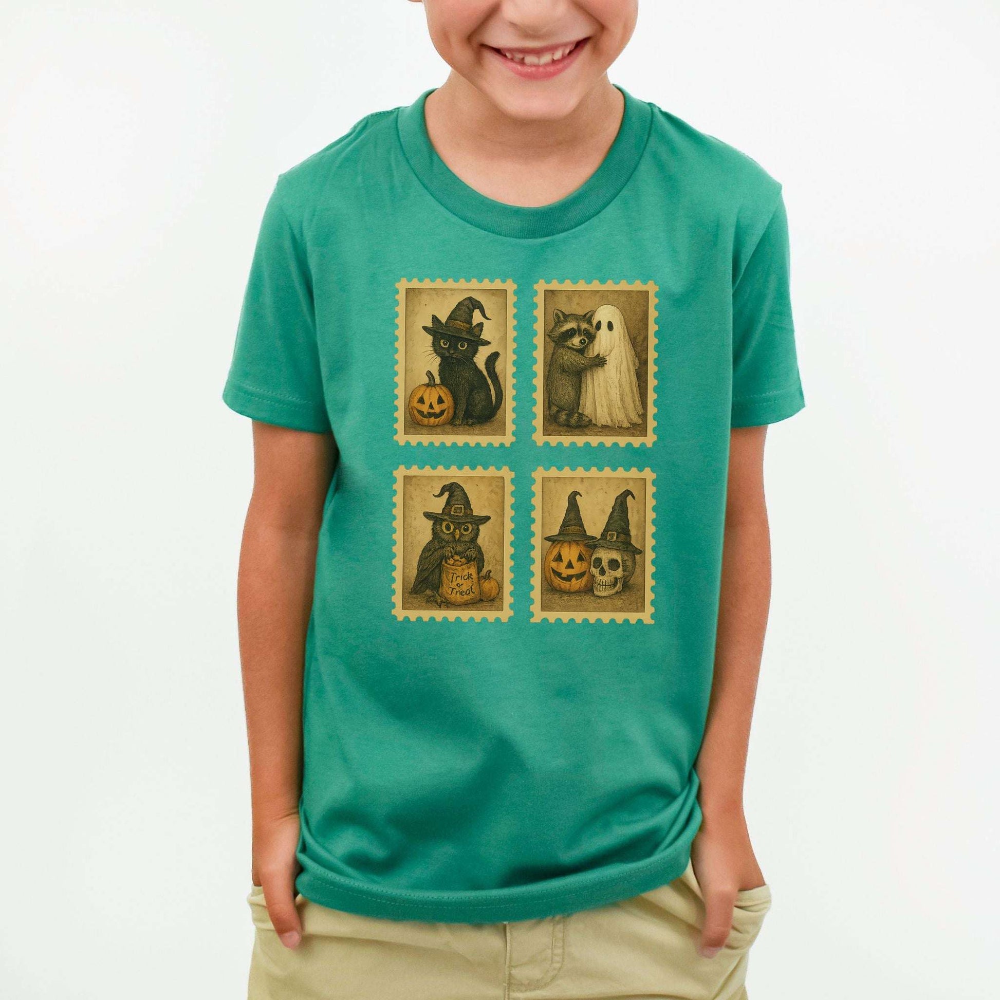 Halloween Stamps Youth Tee – Cute Cat, Raccoon, Owl & Pumpkin Magic for Kids