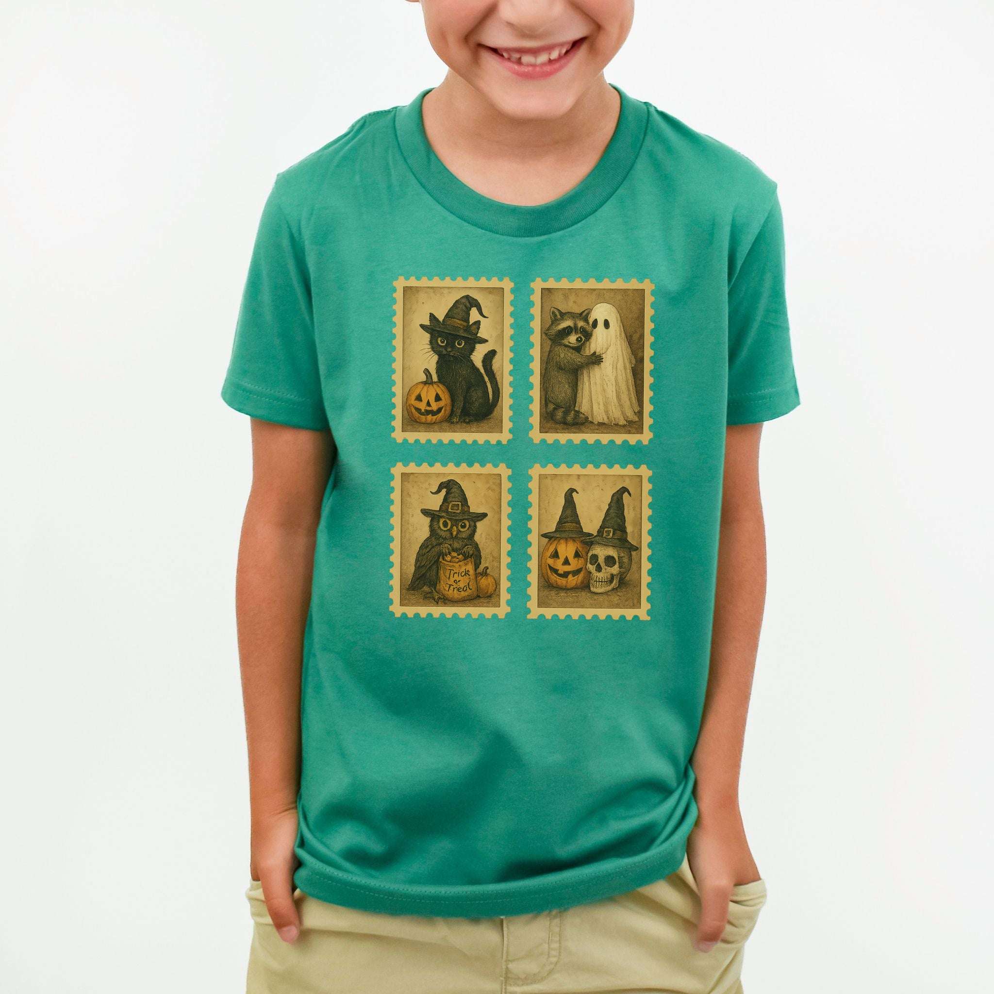 Halloween Stamps Youth Tee – Cute Cat, Raccoon, Owl & Pumpkin Magic for Kids