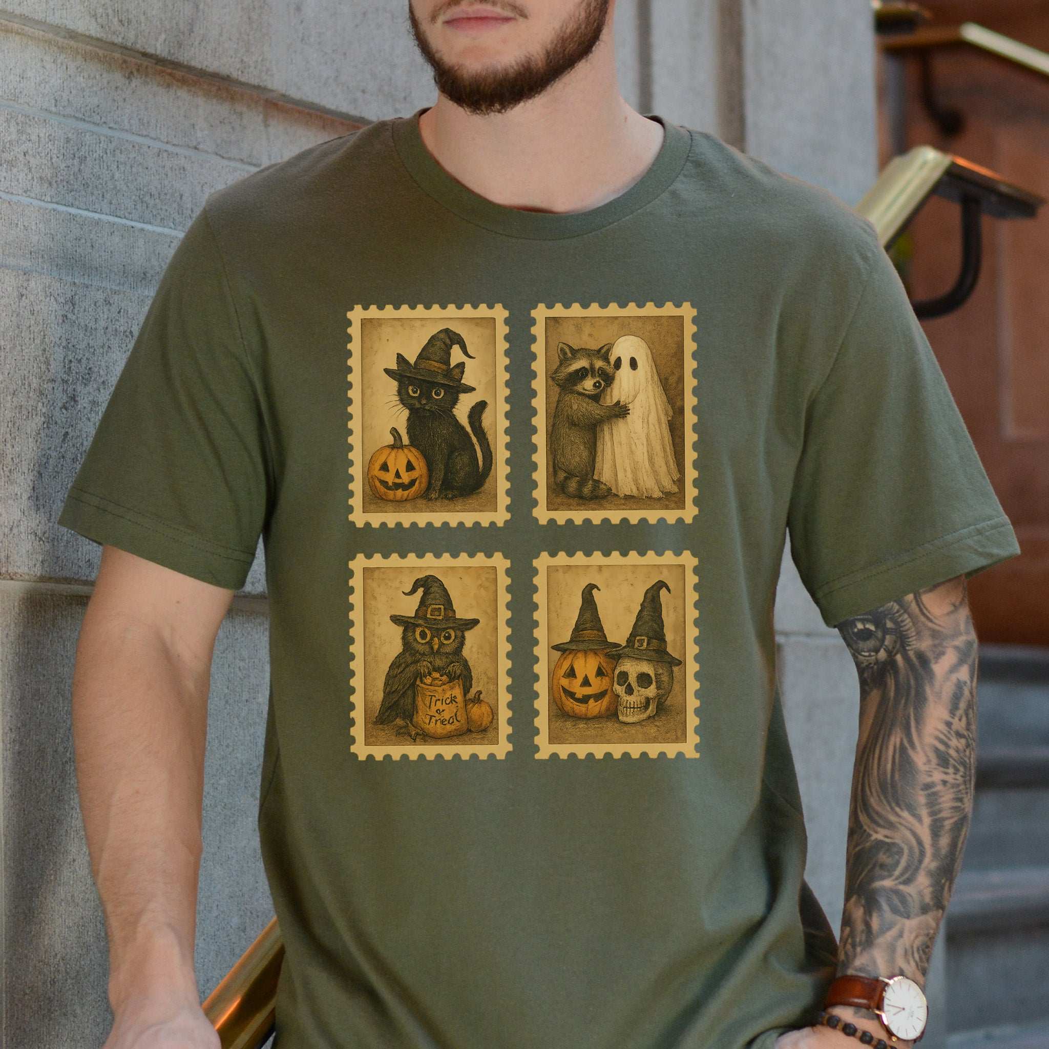 Halloween Stamps T-Shirt – Vintage Cat, Raccoon, Owl & Pumpkin Magic