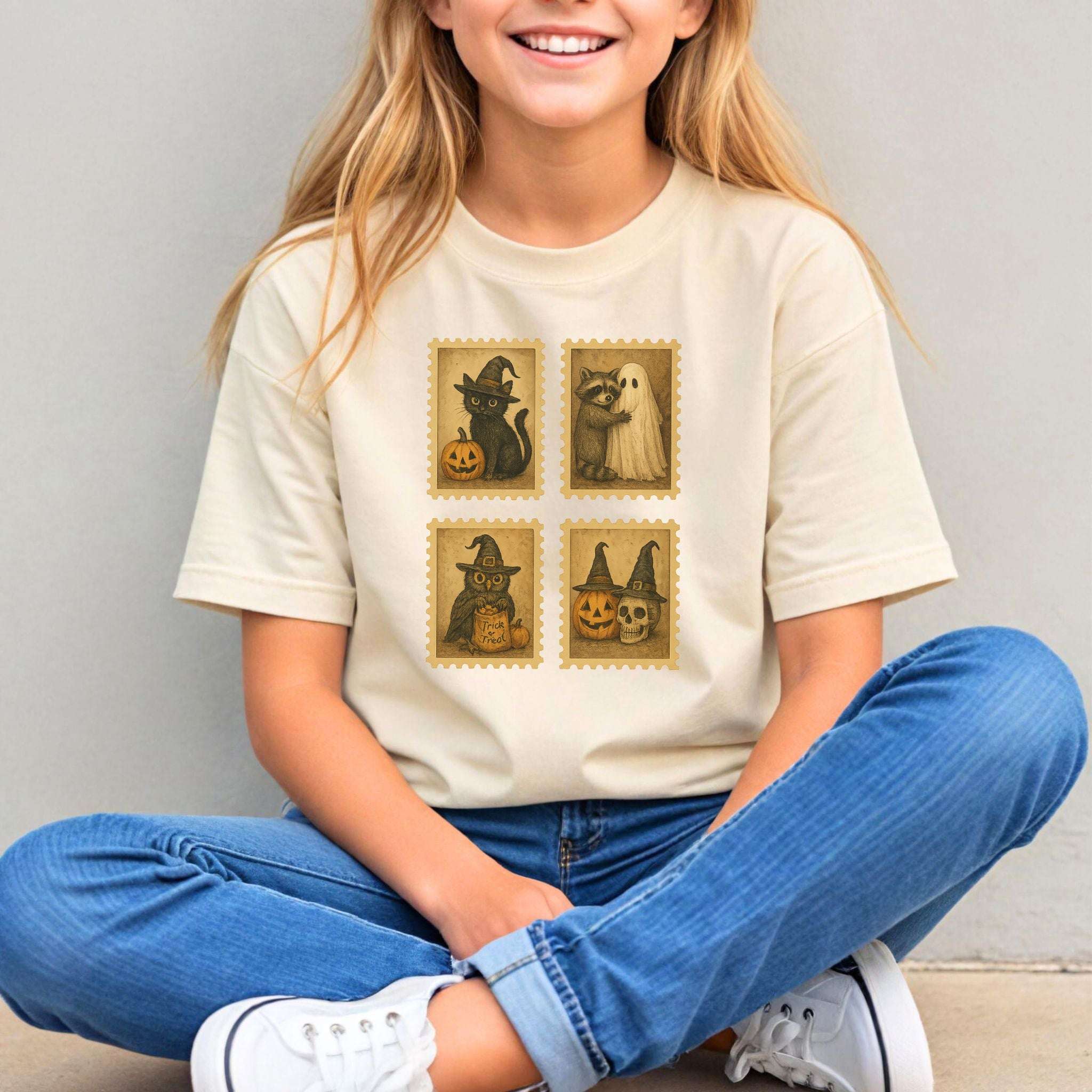 Halloween Stamps Youth Tee – Cute Cat, Raccoon, Owl & Pumpkin Magic for Kids