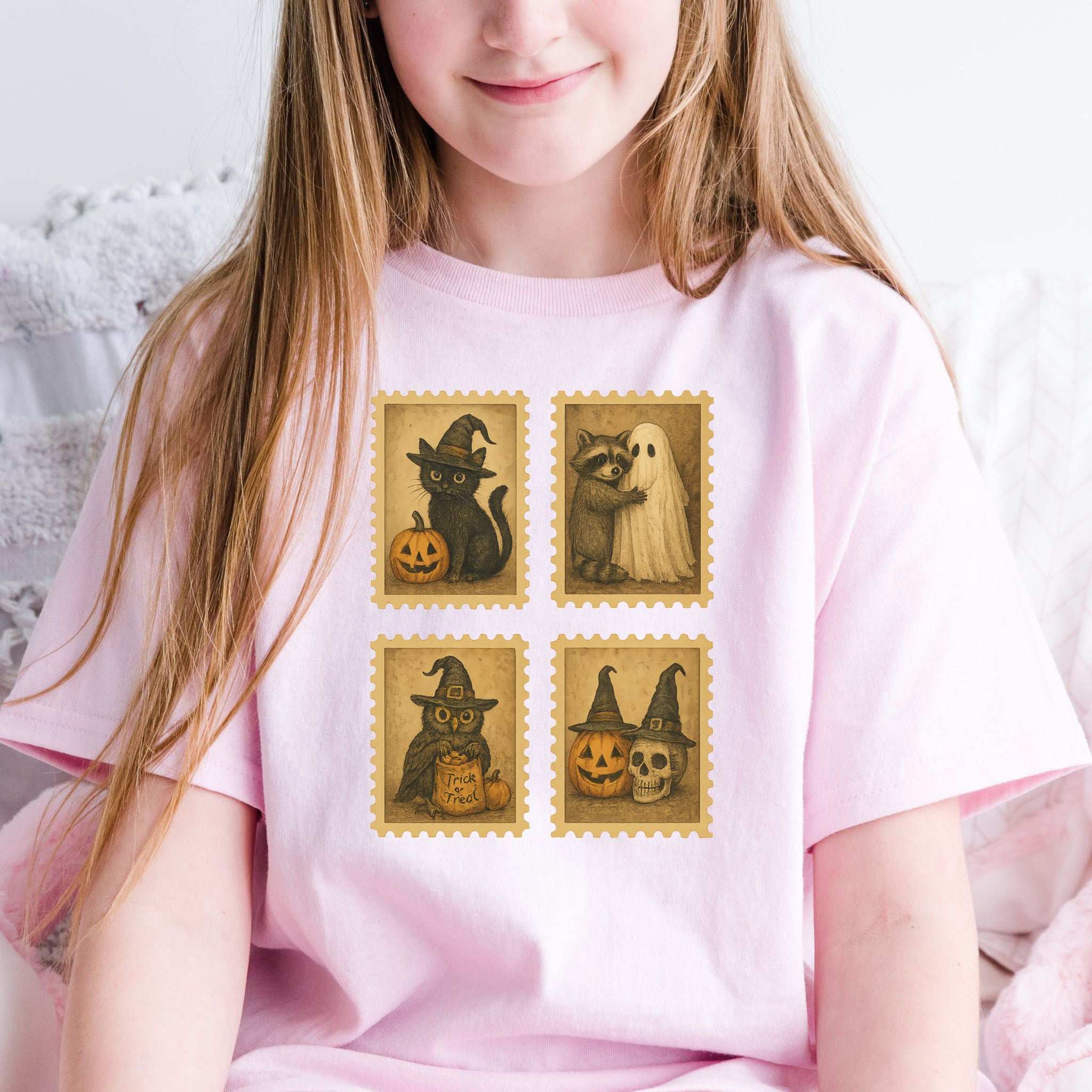 Halloween Stamps Youth Tee – Cute Cat, Raccoon, Owl & Pumpkin Magic for Kids