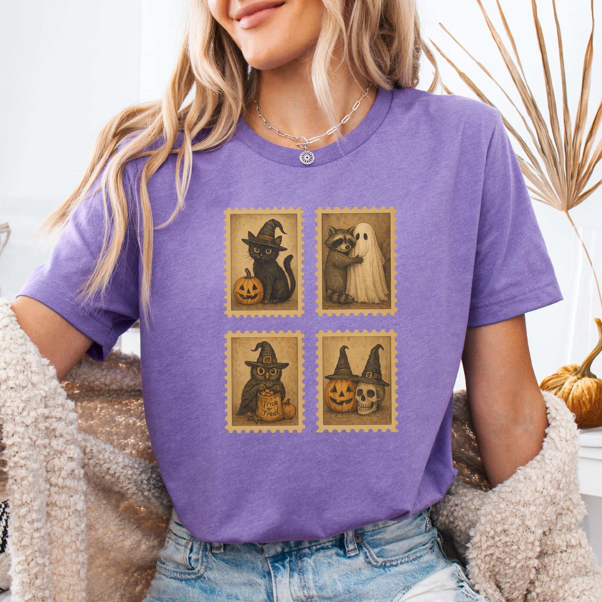 Halloween Stamps T-Shirt – Vintage Cat, Raccoon, Owl & Pumpkin Magic
