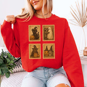 Halloween Stamps Sweatshirt – Vintage Cat, Raccoon, Owl & Pumpkin Magic