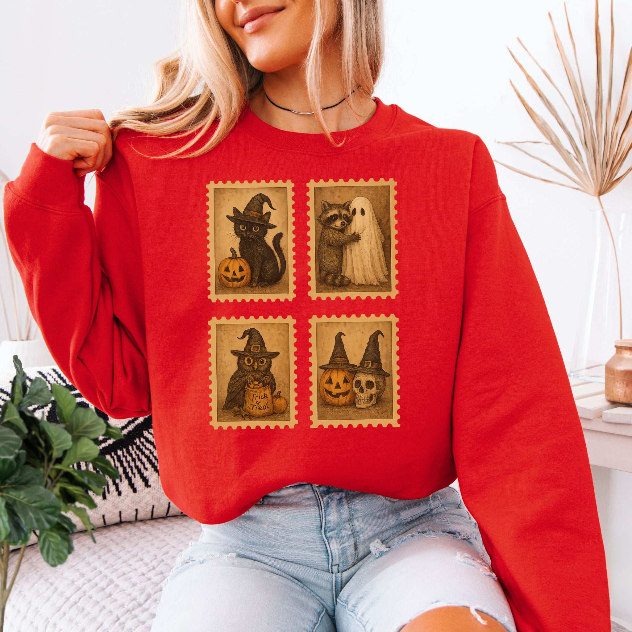 Halloween Stamps Sweatshirt – Vintage Cat, Raccoon, Owl & Pumpkin Magic