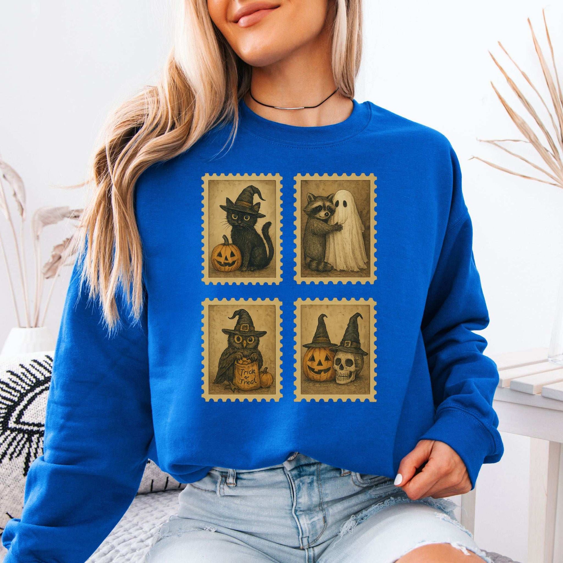 Halloween Stamps Sweatshirt – Vintage Cat, Raccoon, Owl & Pumpkin Magic