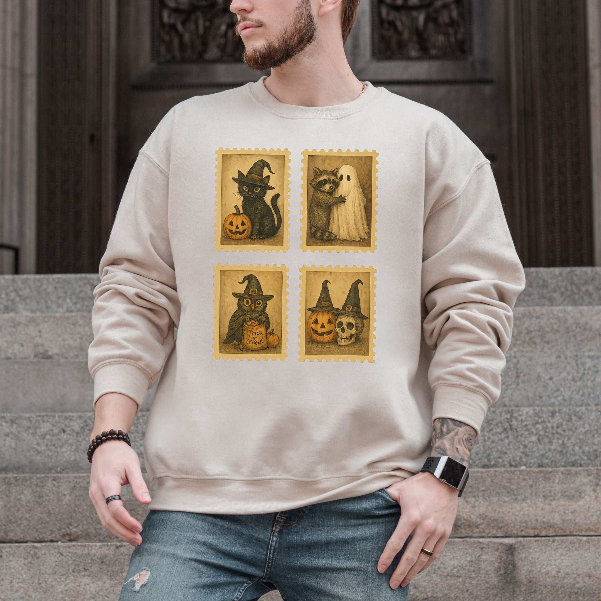 Halloween Stamps Sweatshirt – Vintage Cat, Raccoon, Owl & Pumpkin Magic