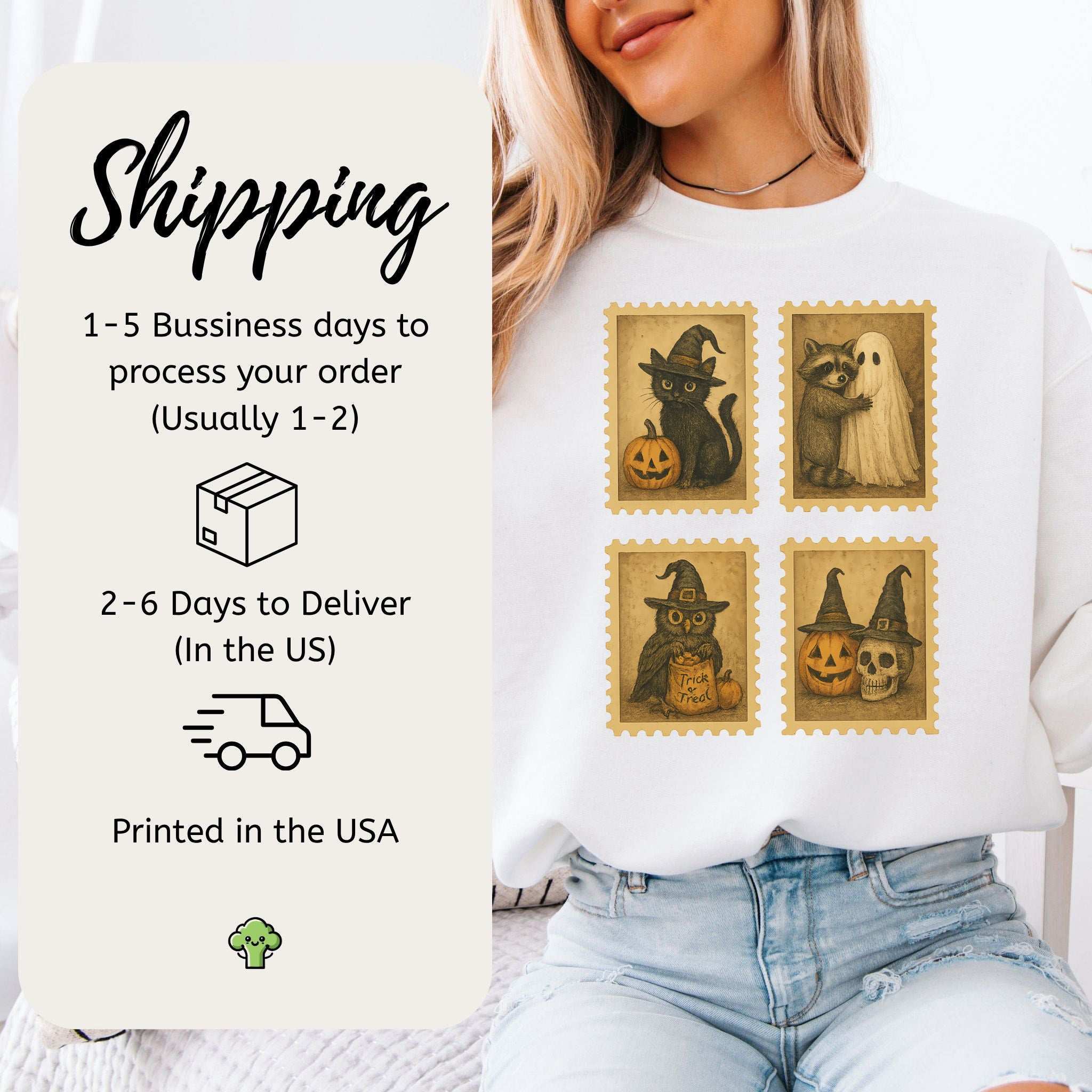 Halloween Stamps Sweatshirt – Vintage Cat, Raccoon, Owl & Pumpkin Magic