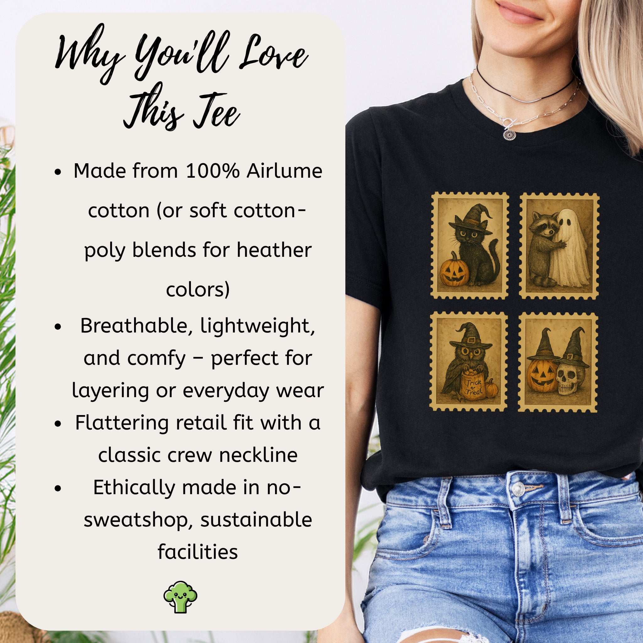 Halloween Stamps T-Shirt – Vintage Cat, Raccoon, Owl & Pumpkin Magic