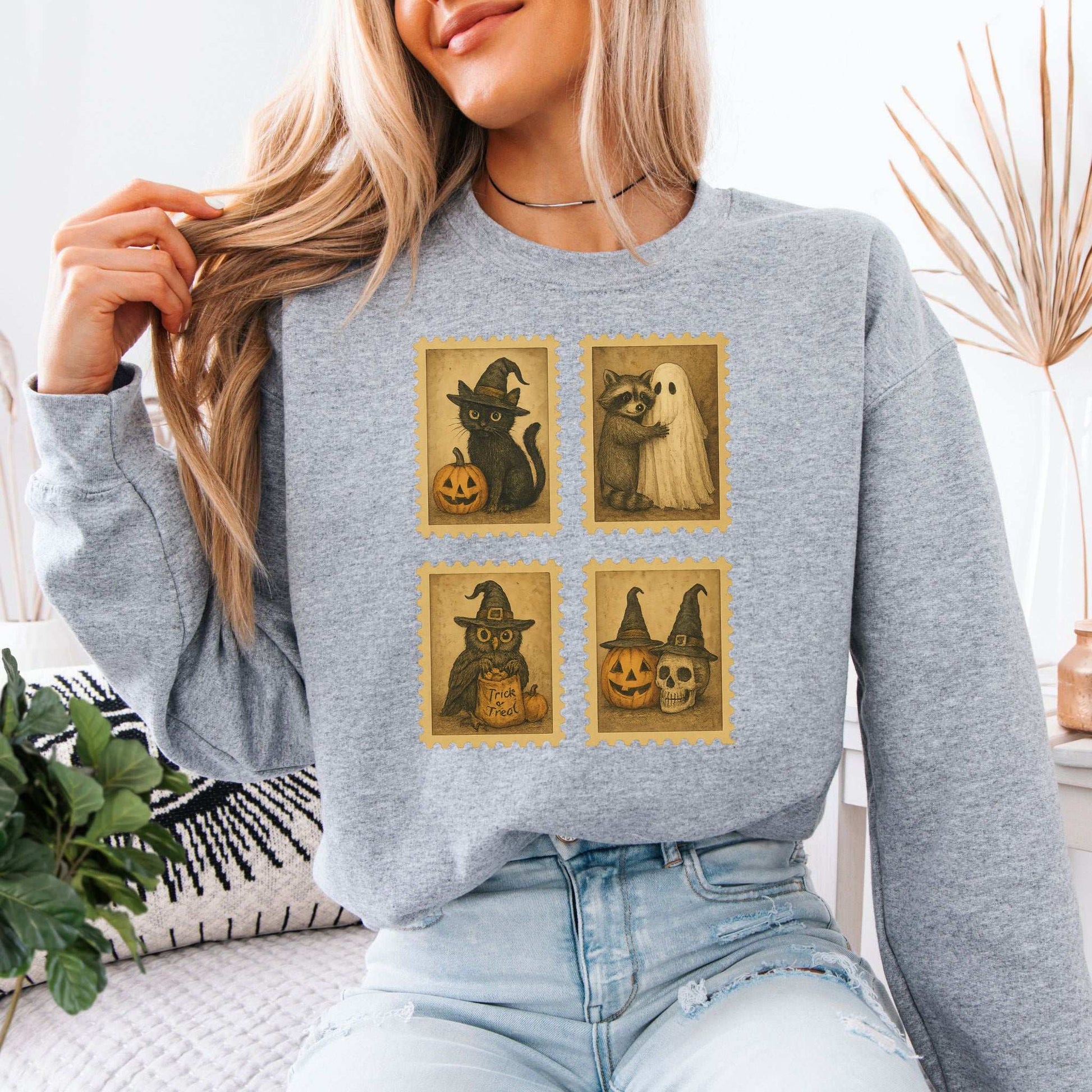 Halloween Stamps Sweatshirt – Vintage Cat, Raccoon, Owl & Pumpkin Magic
