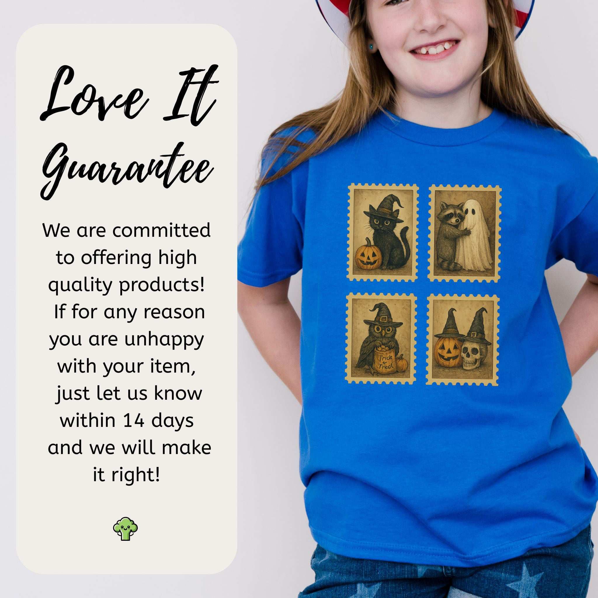 Halloween Stamps Youth Tee – Cute Cat, Raccoon, Owl & Pumpkin Magic for Kids