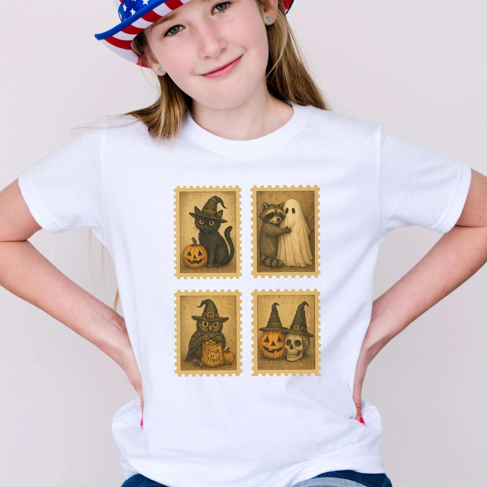Halloween Stamps Youth Tee – Cute Cat, Raccoon, Owl & Pumpkin Magic for Kids