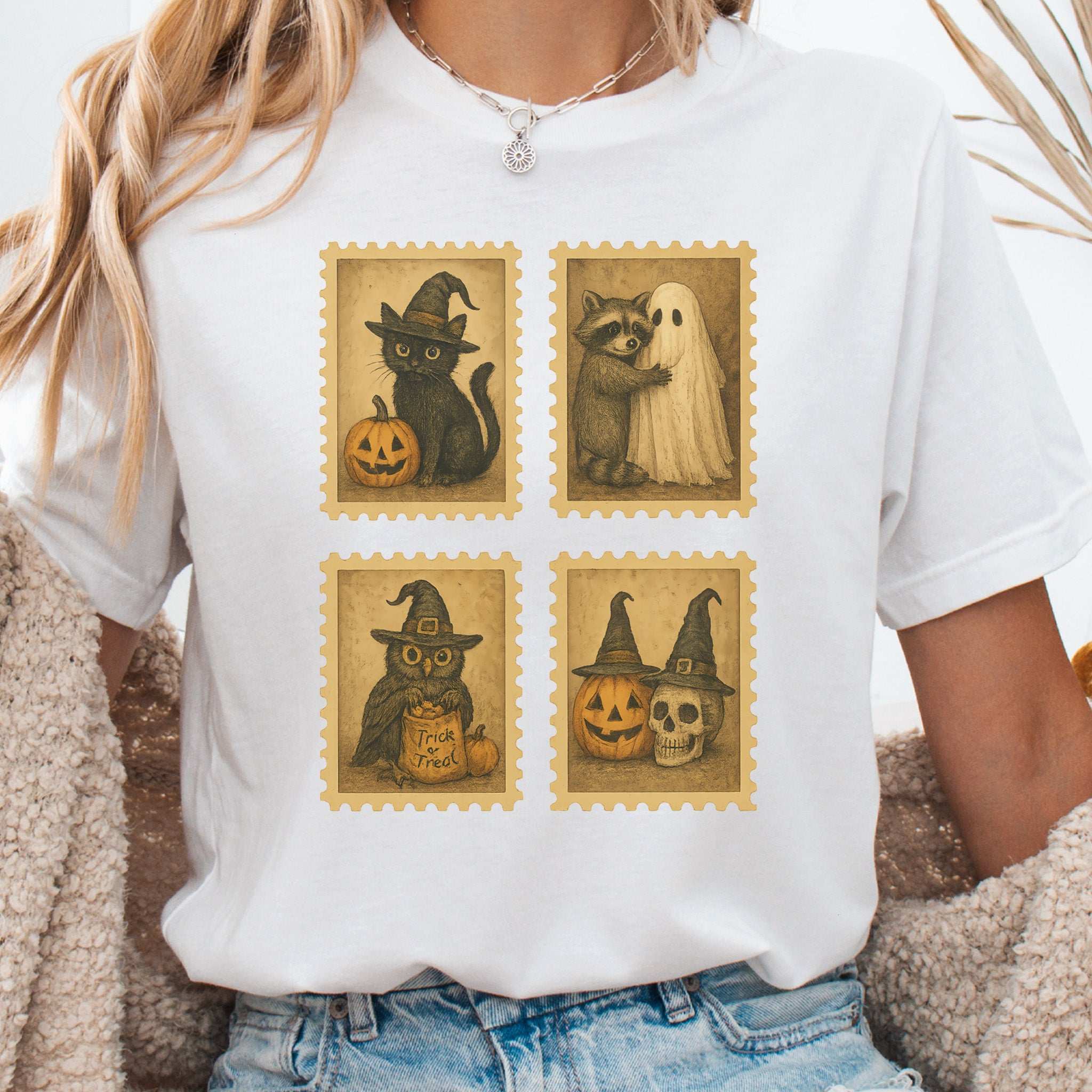 Halloween Stamps T-Shirt – Vintage Cat, Raccoon, Owl & Pumpkin Magic