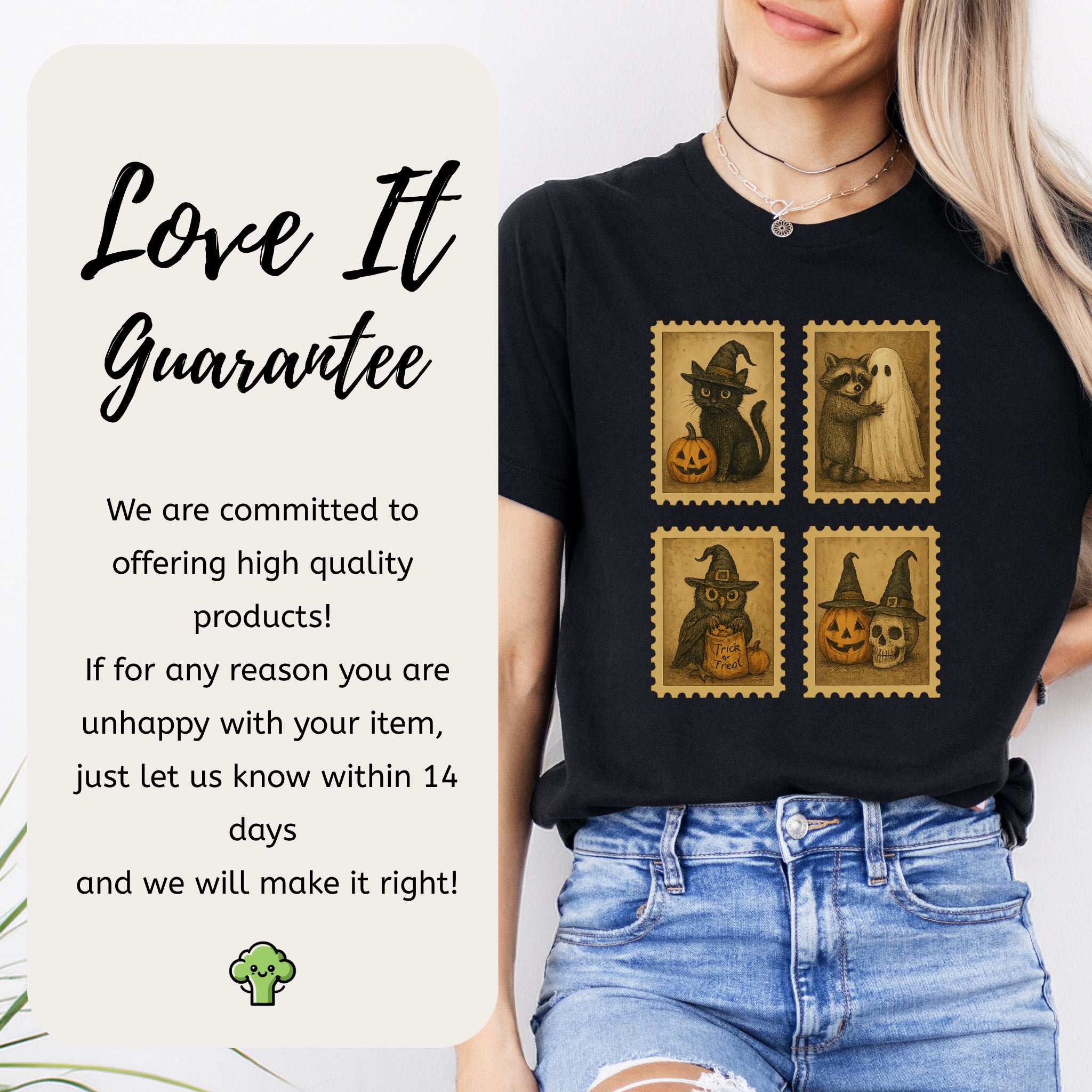 Halloween Stamps T-Shirt – Vintage Cat, Raccoon, Owl & Pumpkin Magic