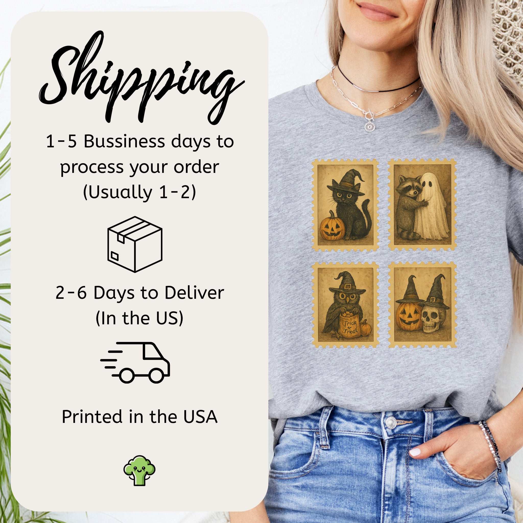 Halloween Stamps T-Shirt – Vintage Cat, Raccoon, Owl & Pumpkin Magic