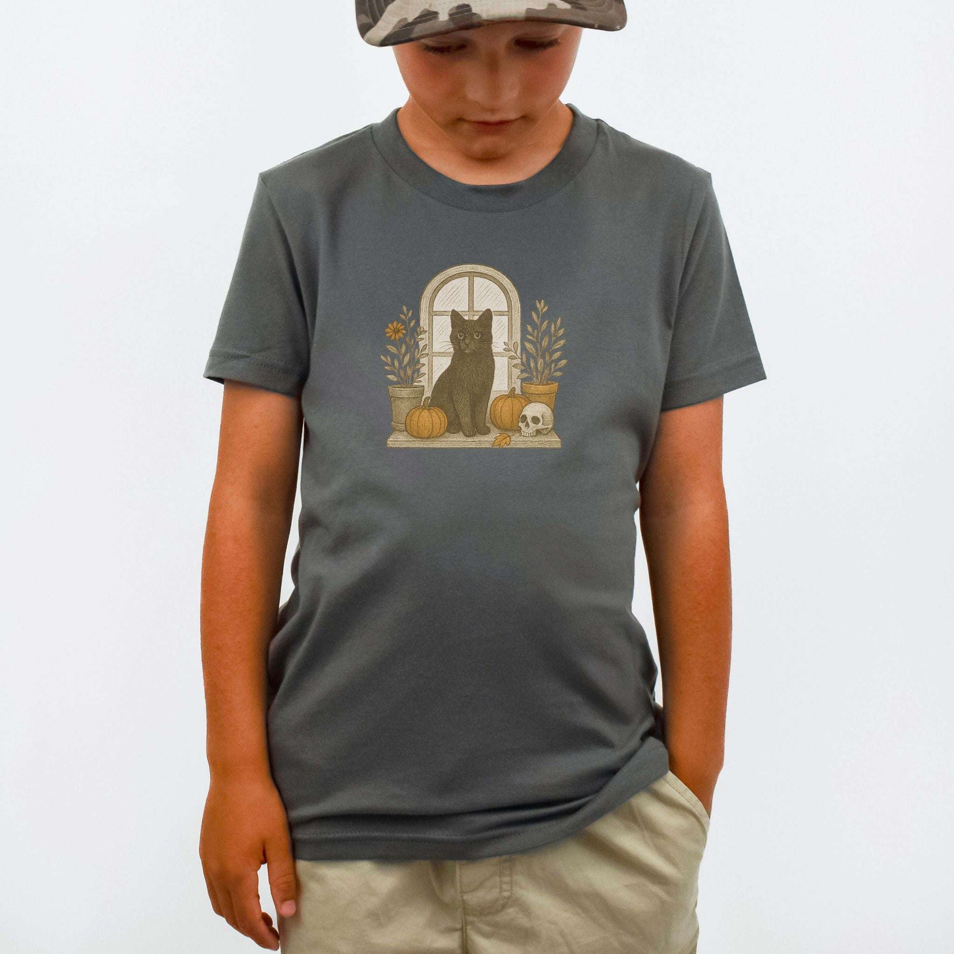 Black Cat Window Youth Tee – Spooky Autumn Magic for Kids