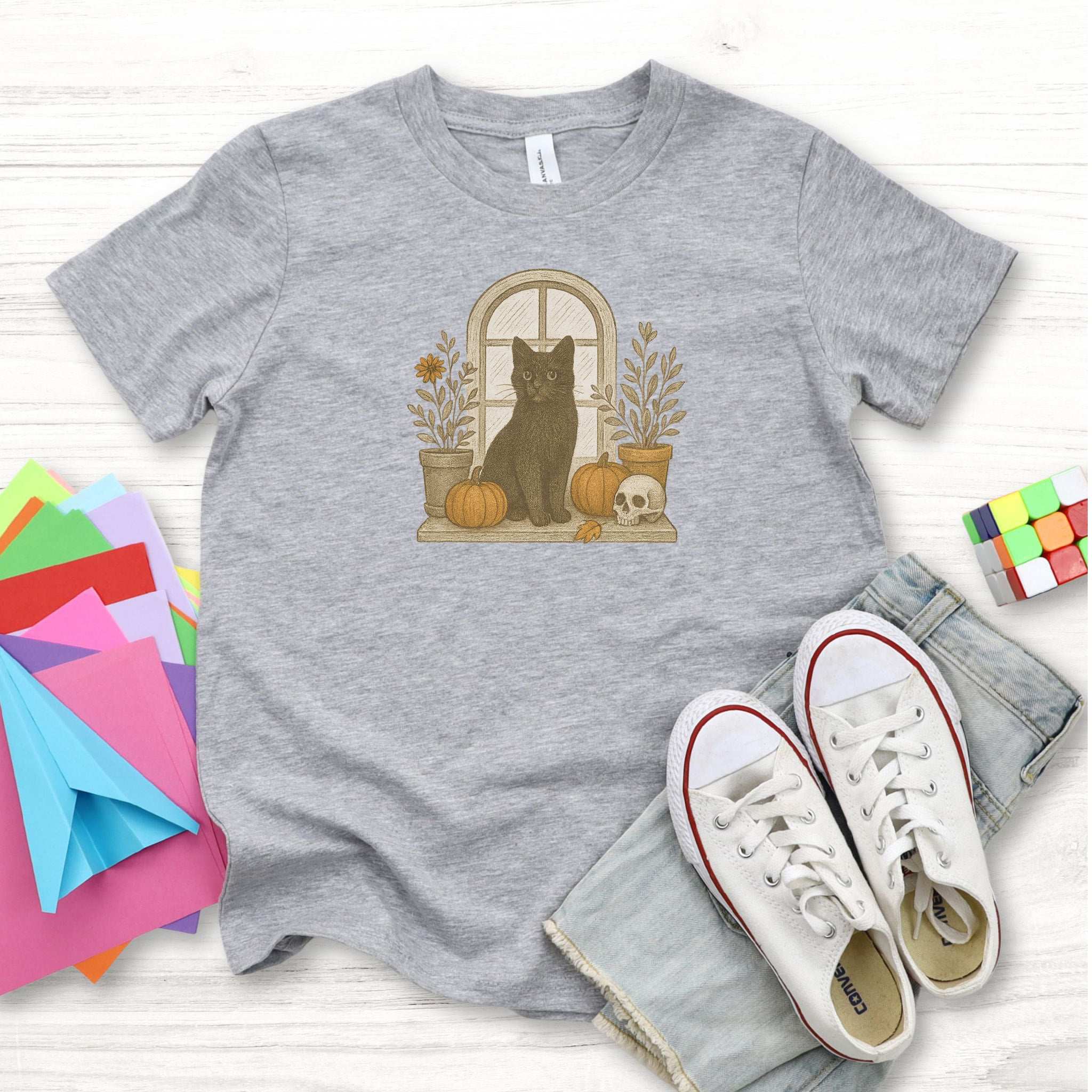 Black Cat Window Youth Tee – Spooky Autumn Magic for Kids