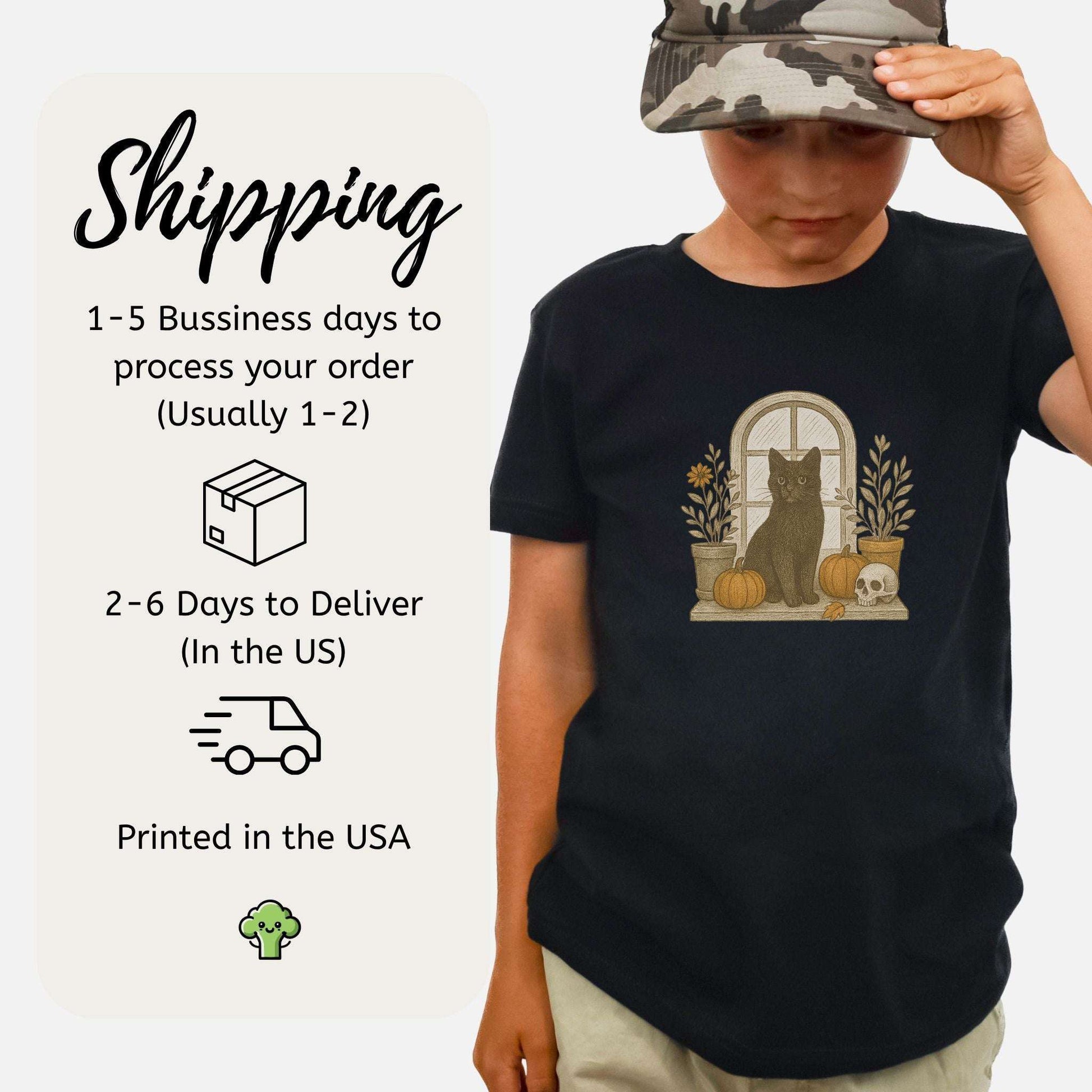 Black Cat Window Youth Tee – Spooky Autumn Magic for Kids