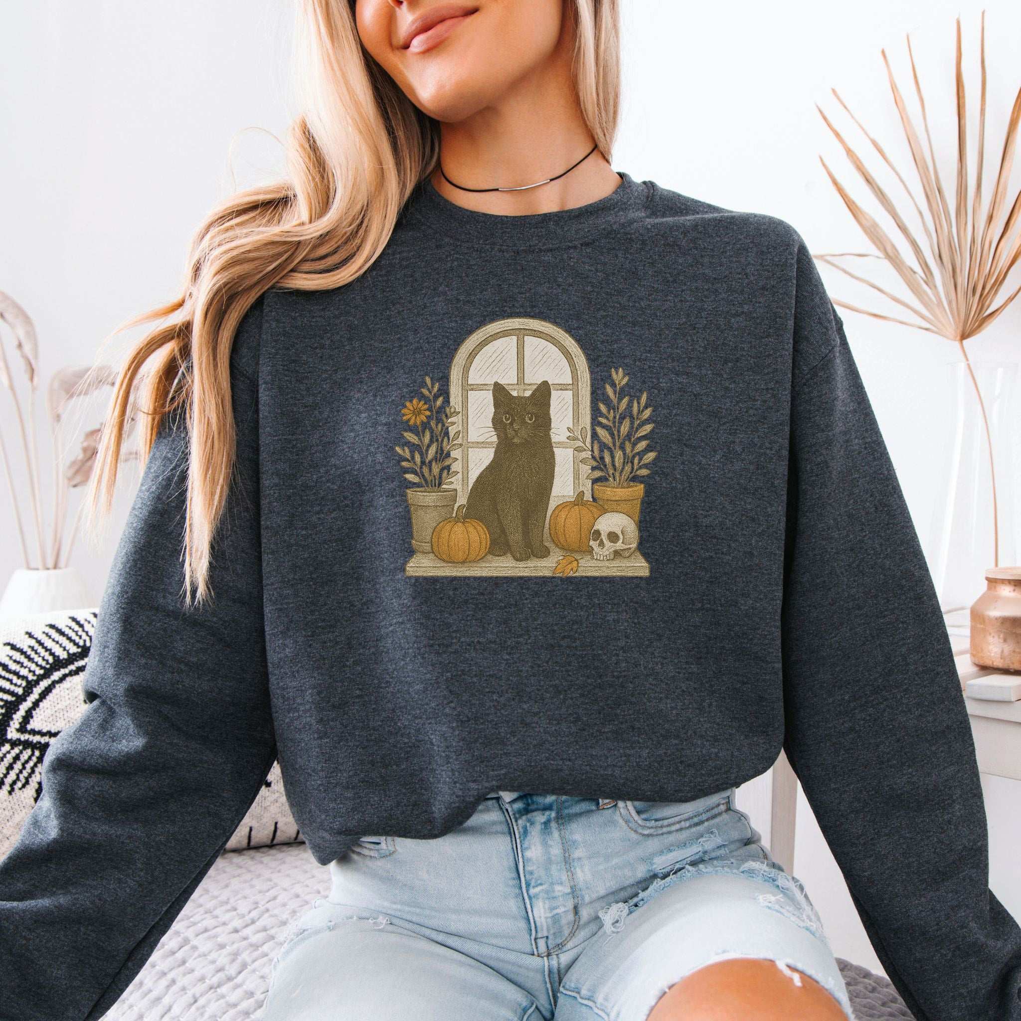 Black Cat Window Sweatshirt – Spooky Autumn Halloween Vibes