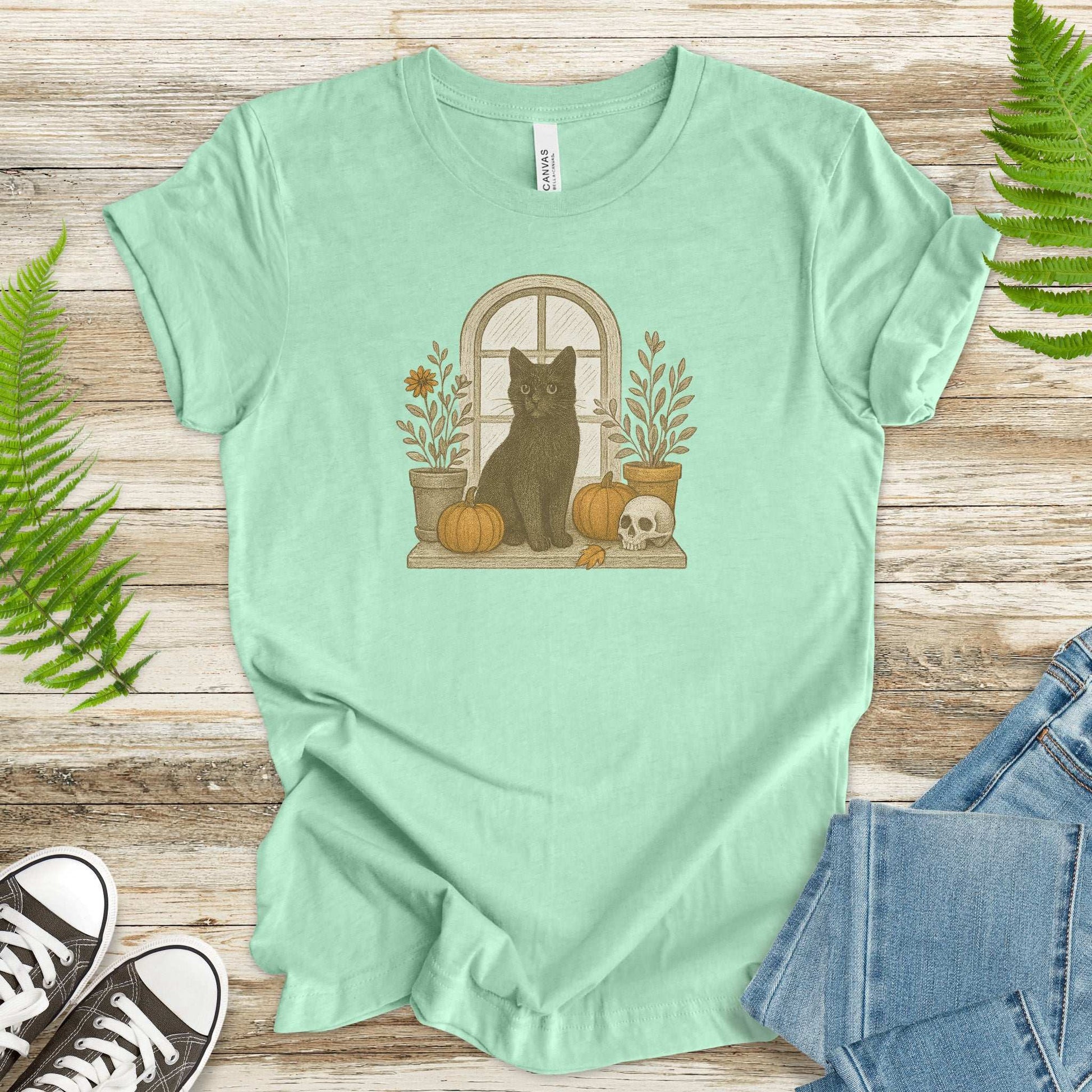 Black Cat Window T-Shirt – Spooky Autumn Halloween Vibes