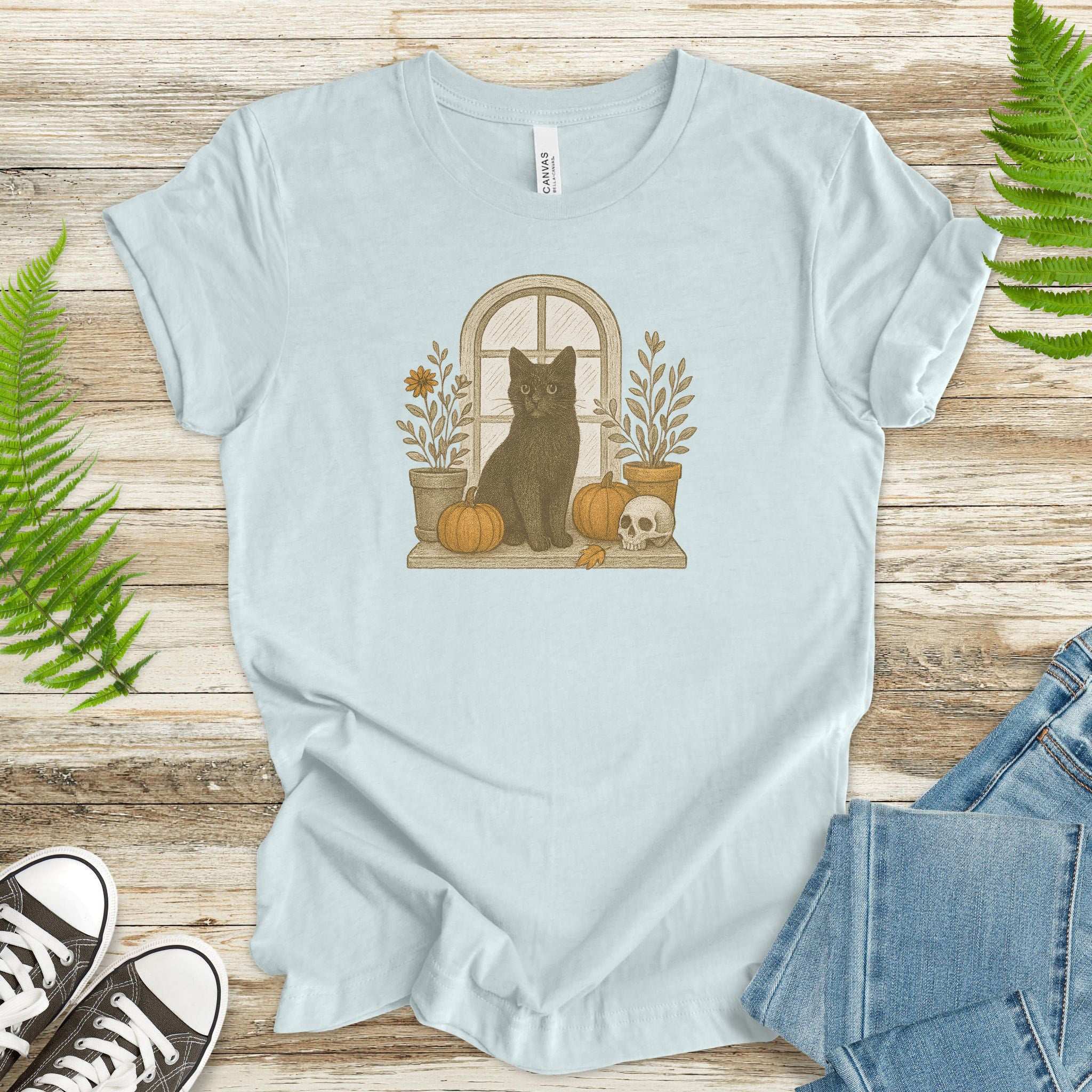 Black Cat Window T-Shirt – Spooky Autumn Halloween Vibes