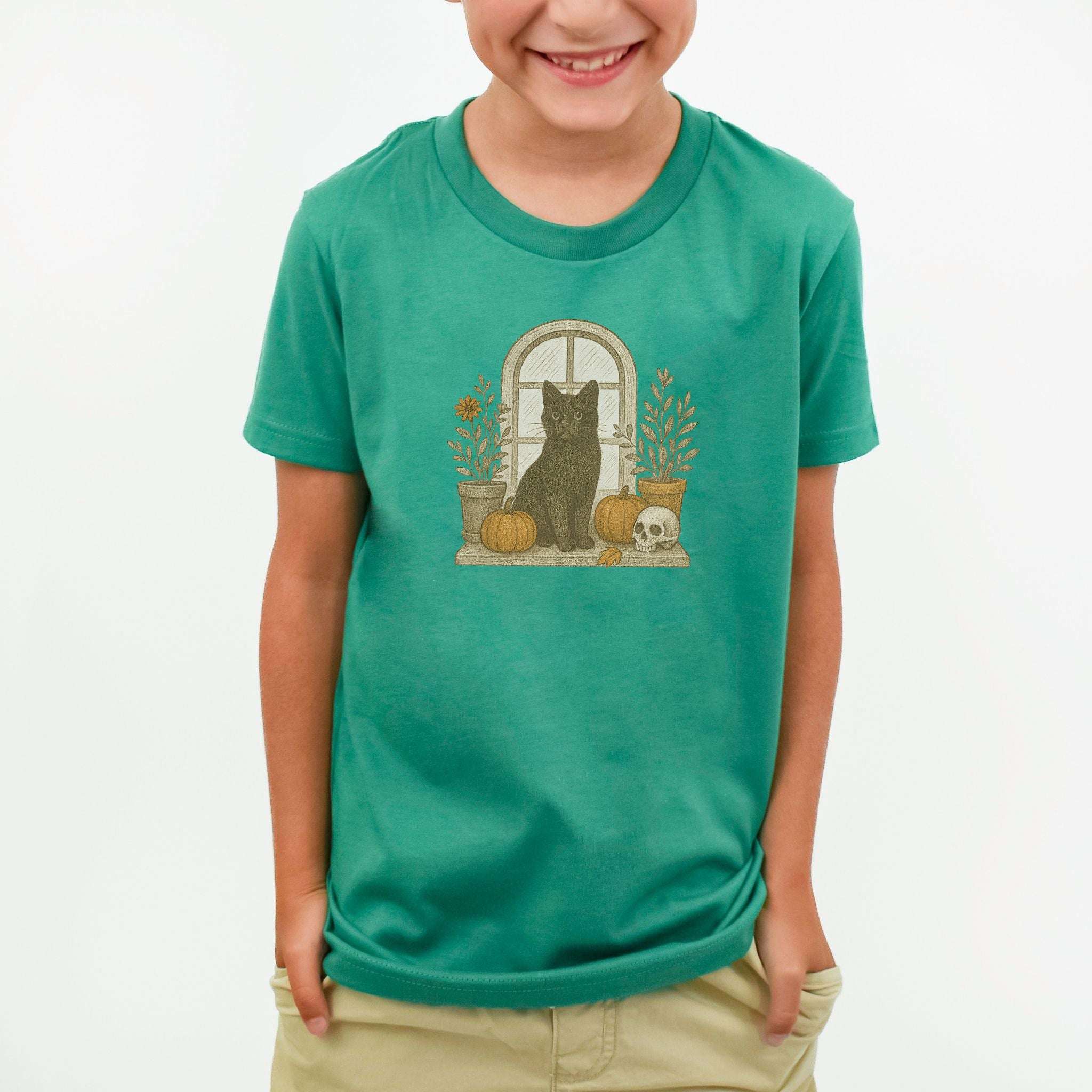 Black Cat Window Youth Tee – Spooky Autumn Magic for Kids