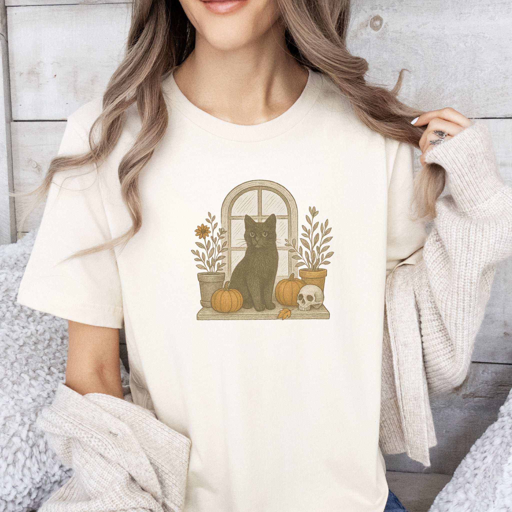 Black Cat Window T-Shirt – Spooky Autumn Halloween Vibes