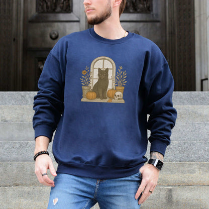 Black Cat Window Sweatshirt – Spooky Autumn Halloween Vibes