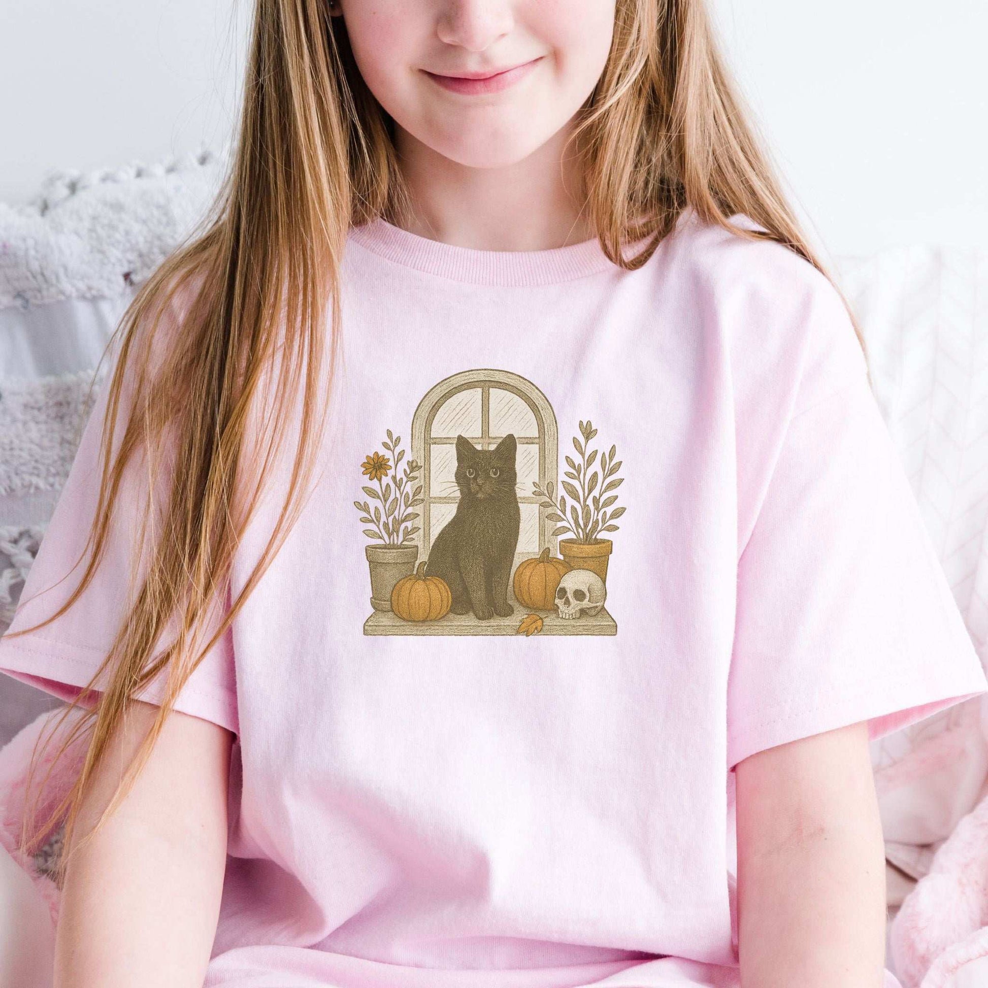 Black Cat Window Youth Tee – Spooky Autumn Magic for Kids