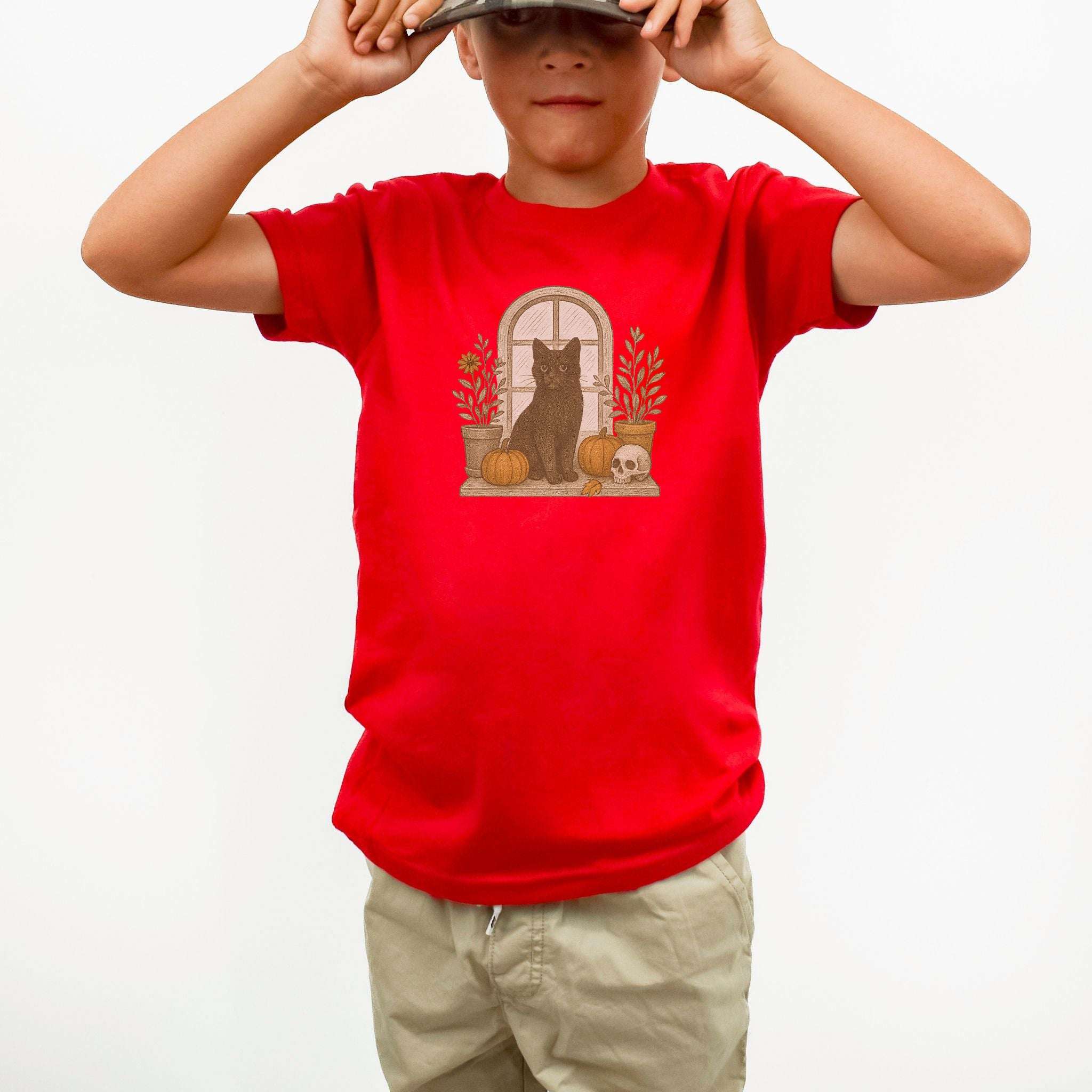 Black Cat Window Youth Tee – Spooky Autumn Magic for Kids