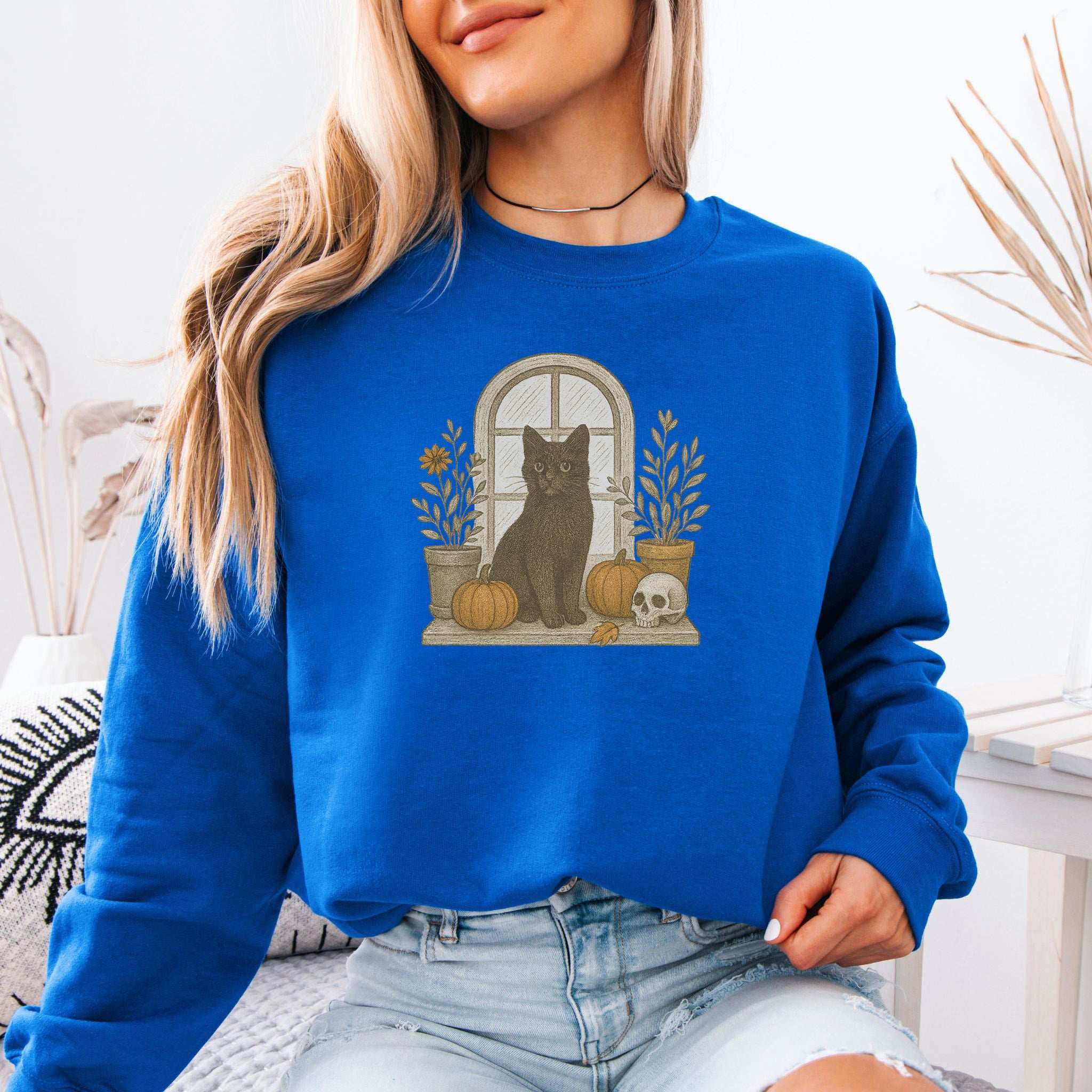 Black Cat Window Sweatshirt – Spooky Autumn Halloween Vibes