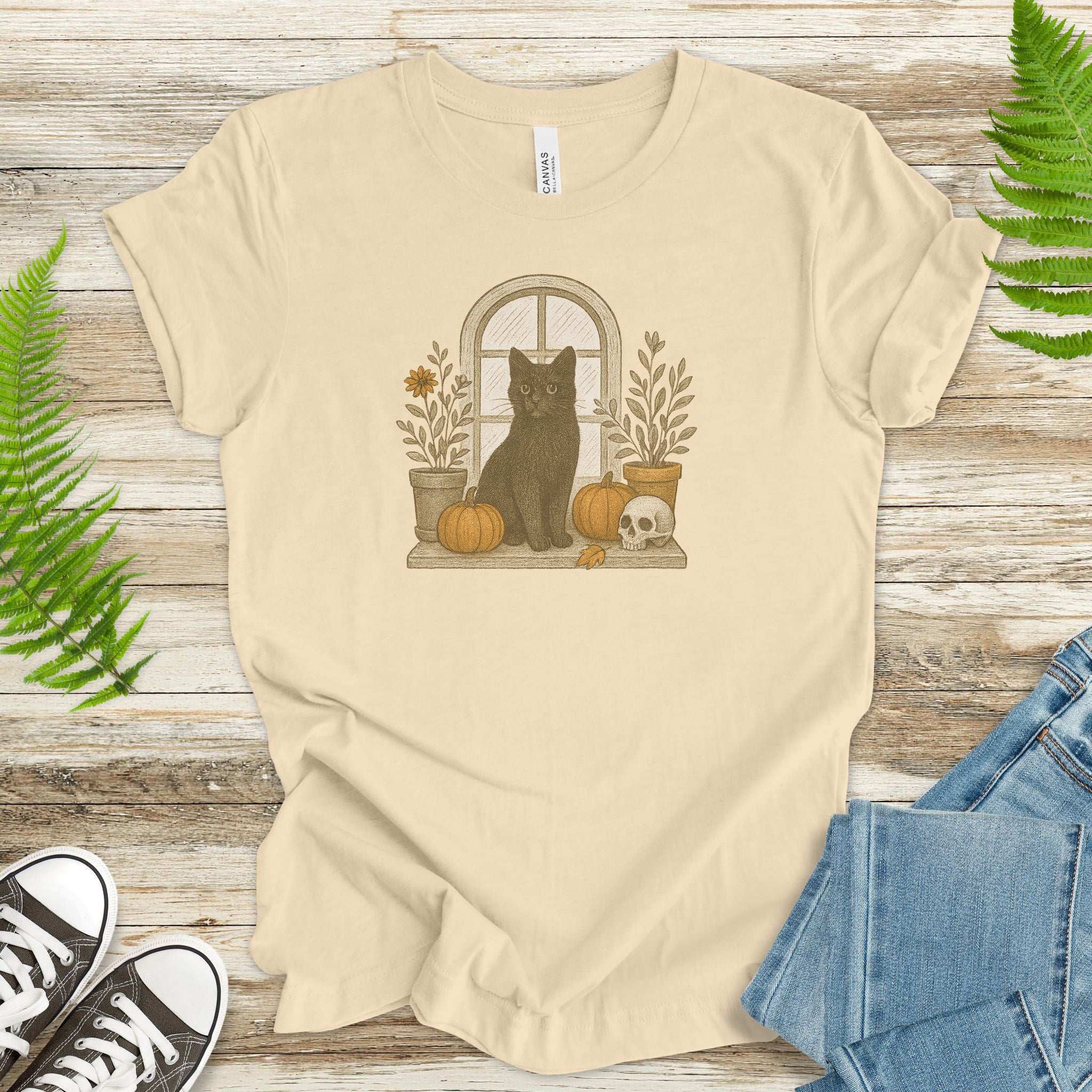 Black Cat Window T-Shirt – Spooky Autumn Halloween Vibes