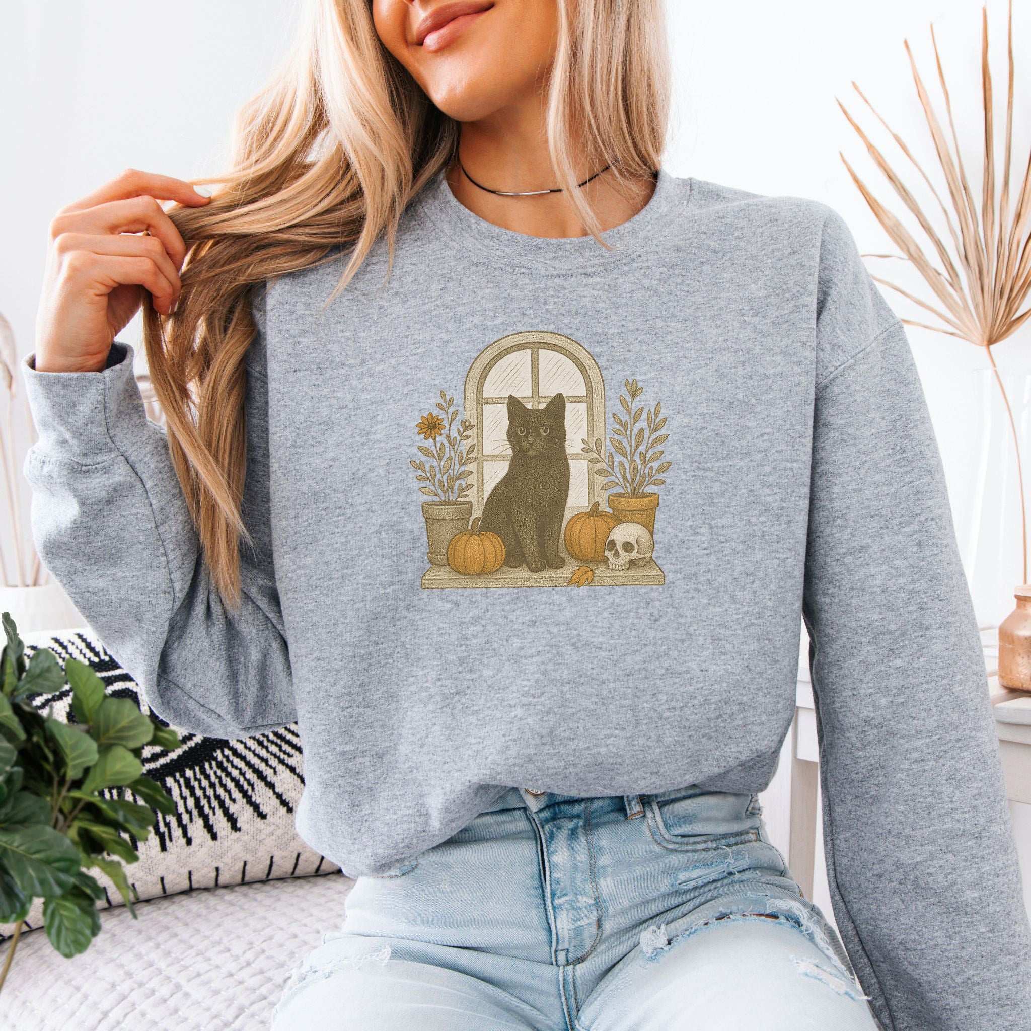 Black Cat Window Sweatshirt – Spooky Autumn Halloween Vibes