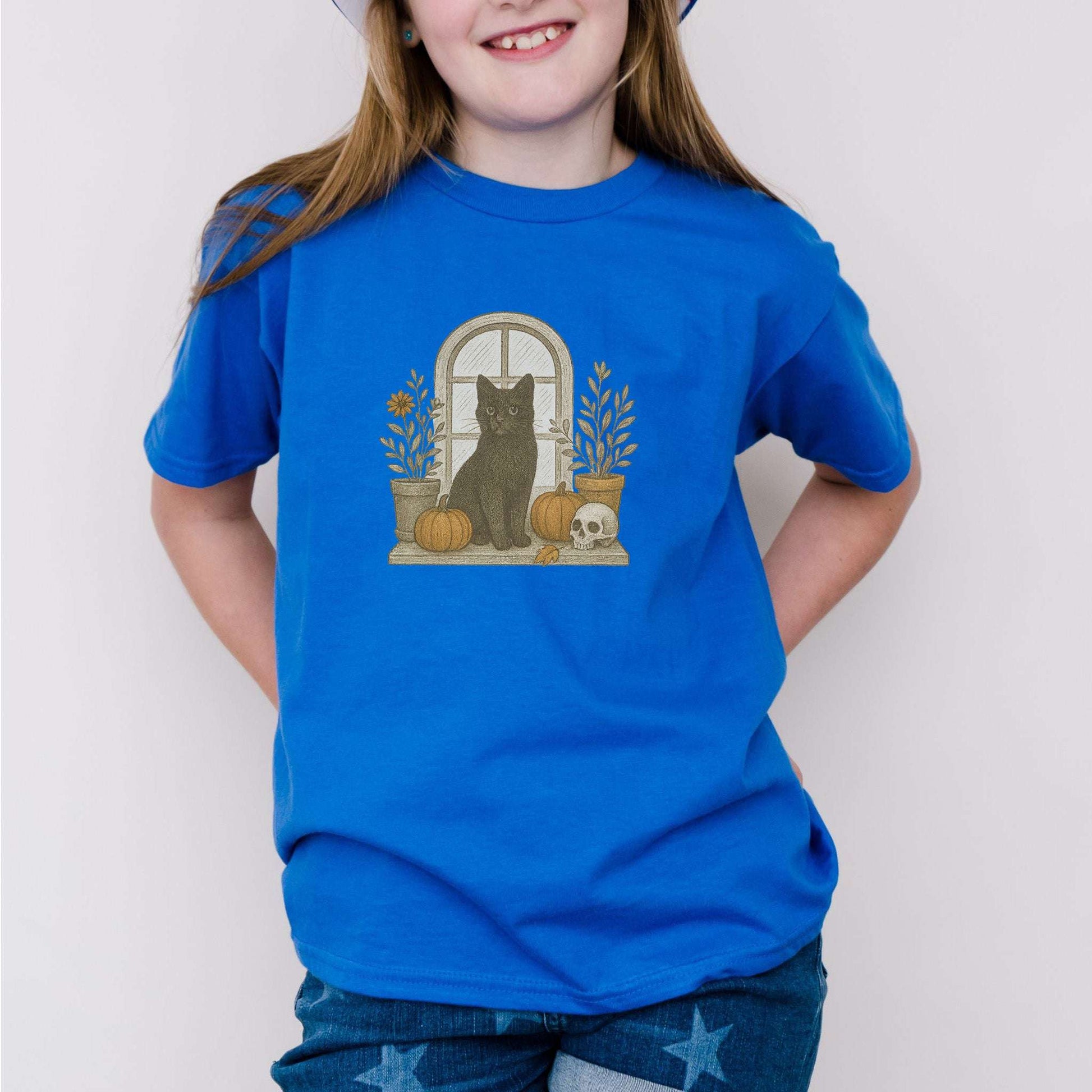 Black Cat Window Youth Tee – Spooky Autumn Magic for Kids
