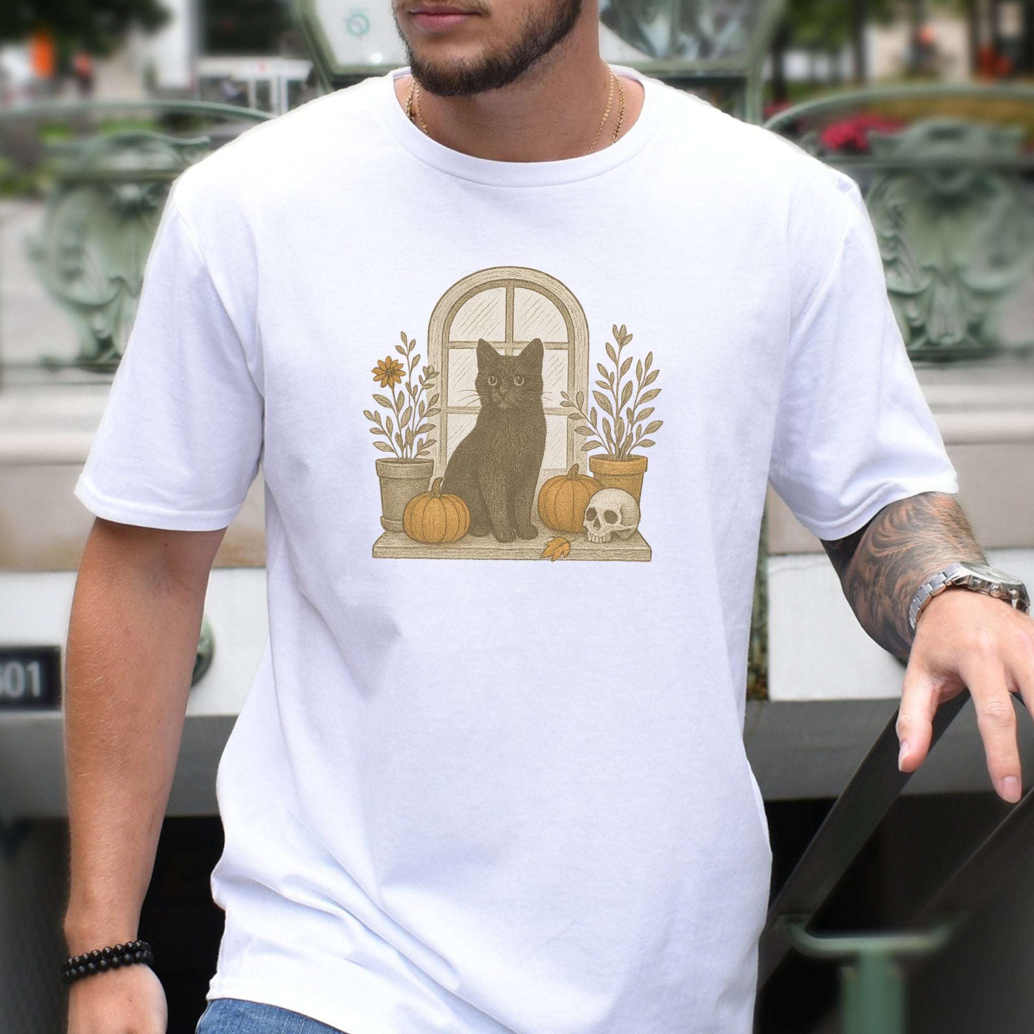 Black Cat Window T-Shirt – Spooky Autumn Halloween Vibes