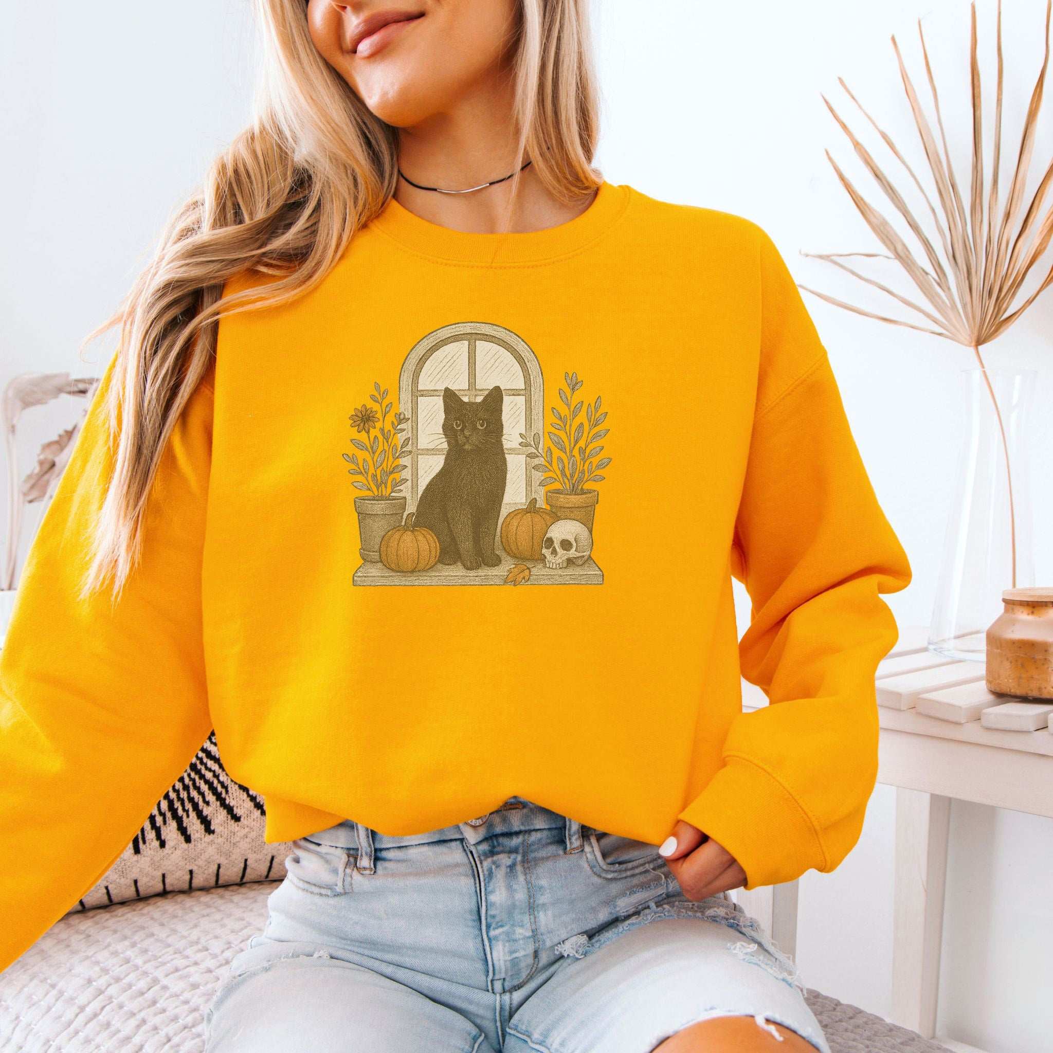 Black Cat Window Sweatshirt – Spooky Autumn Halloween Vibes