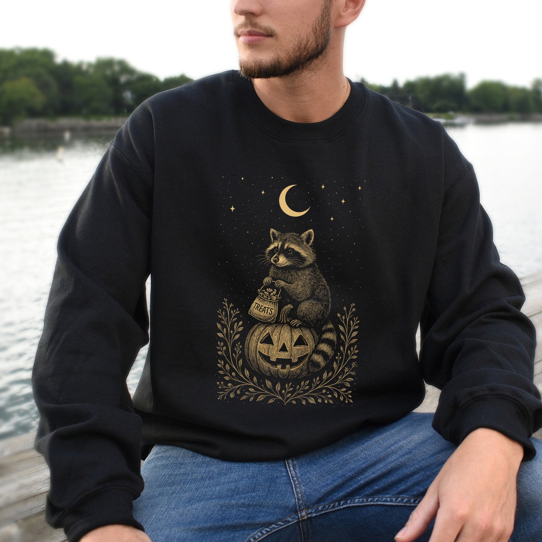 Vintage Raccoon Halloween Sweatshirt – Moonlit Pumpkin & Treats