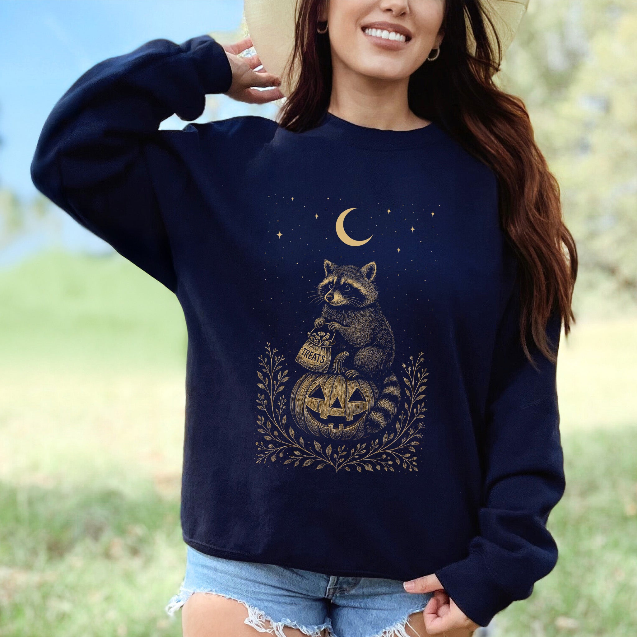 Vintage Raccoon Halloween Sweatshirt – Moonlit Pumpkin & Treats