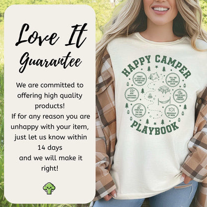 Happy Camper Playbook T-Shirt – Cozy Campfire Adventure Humor Tee