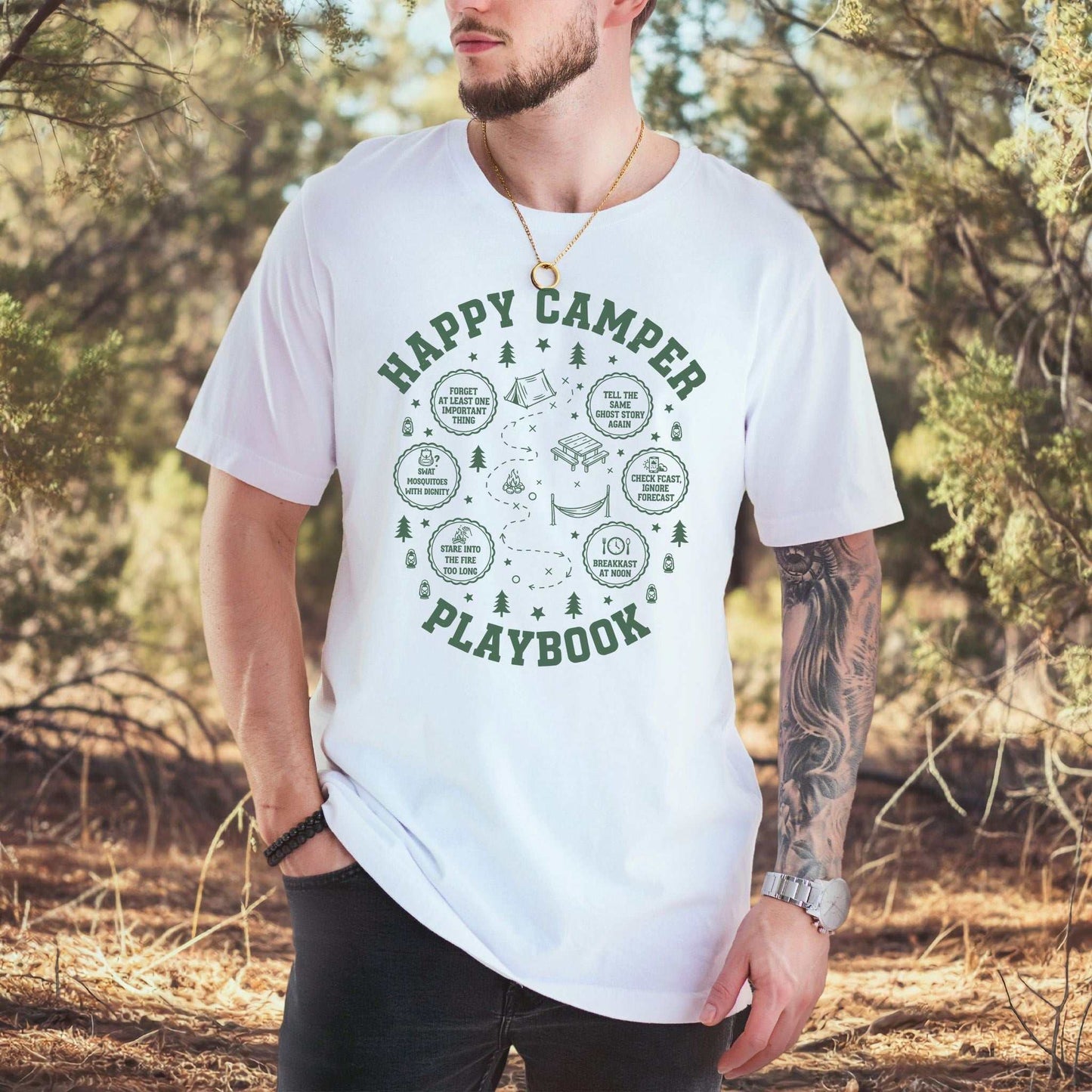 Happy Camper Playbook T-Shirt – Cozy Campfire Adventure Humor Tee