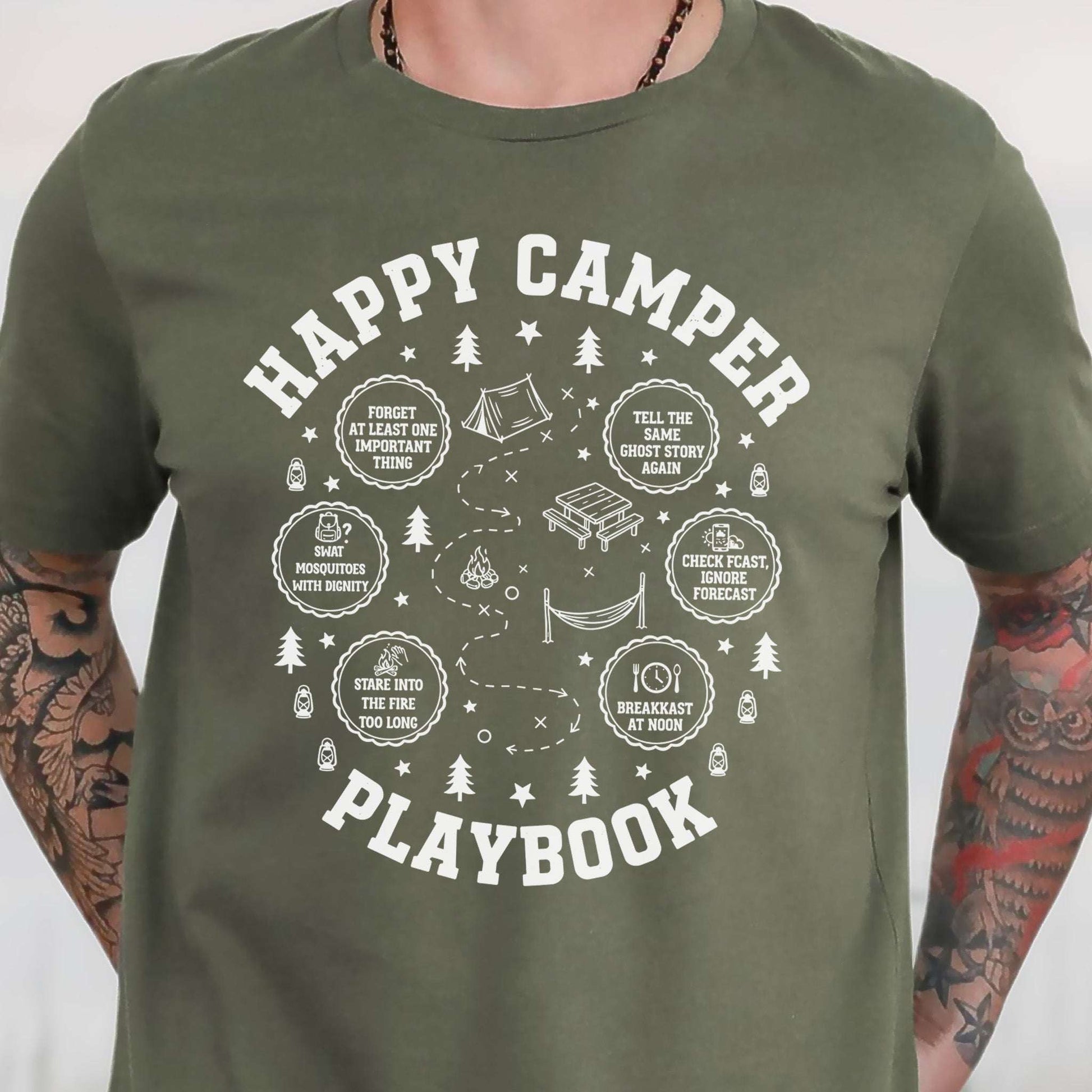 Happy Camper Playbook T-Shirt – Cozy Campfire Adventure Humor Tee