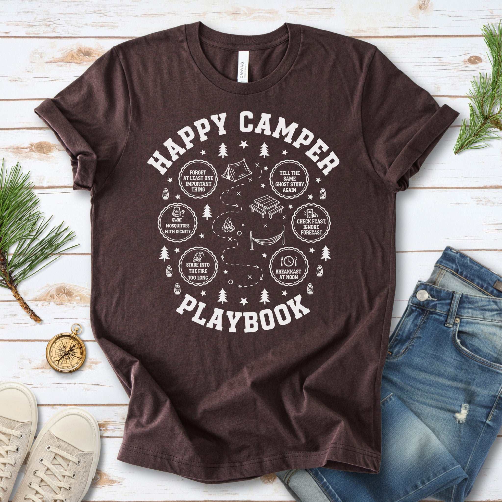 Happy Camper Playbook T-Shirt – Cozy Campfire Adventure Humor Tee