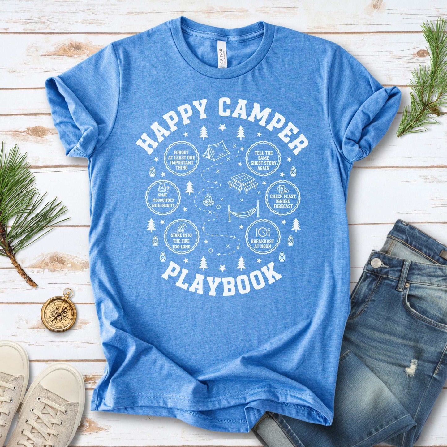 Happy Camper Playbook T-Shirt – Cozy Campfire Adventure Humor Tee