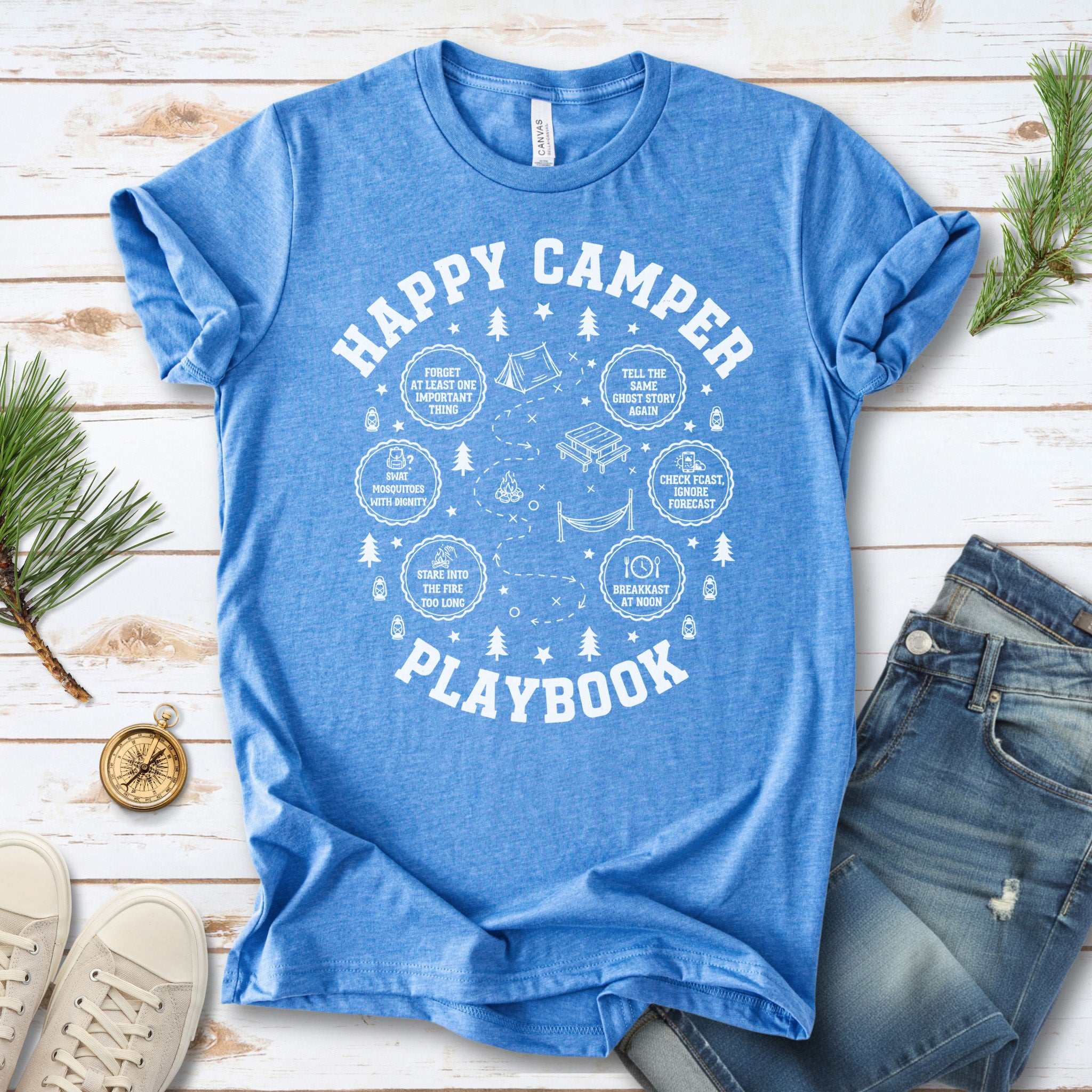 Happy Camper Playbook T-Shirt – Cozy Campfire Adventure Humor Tee