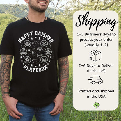 Happy Camper Playbook T-Shirt – Cozy Campfire Adventure Humor Tee