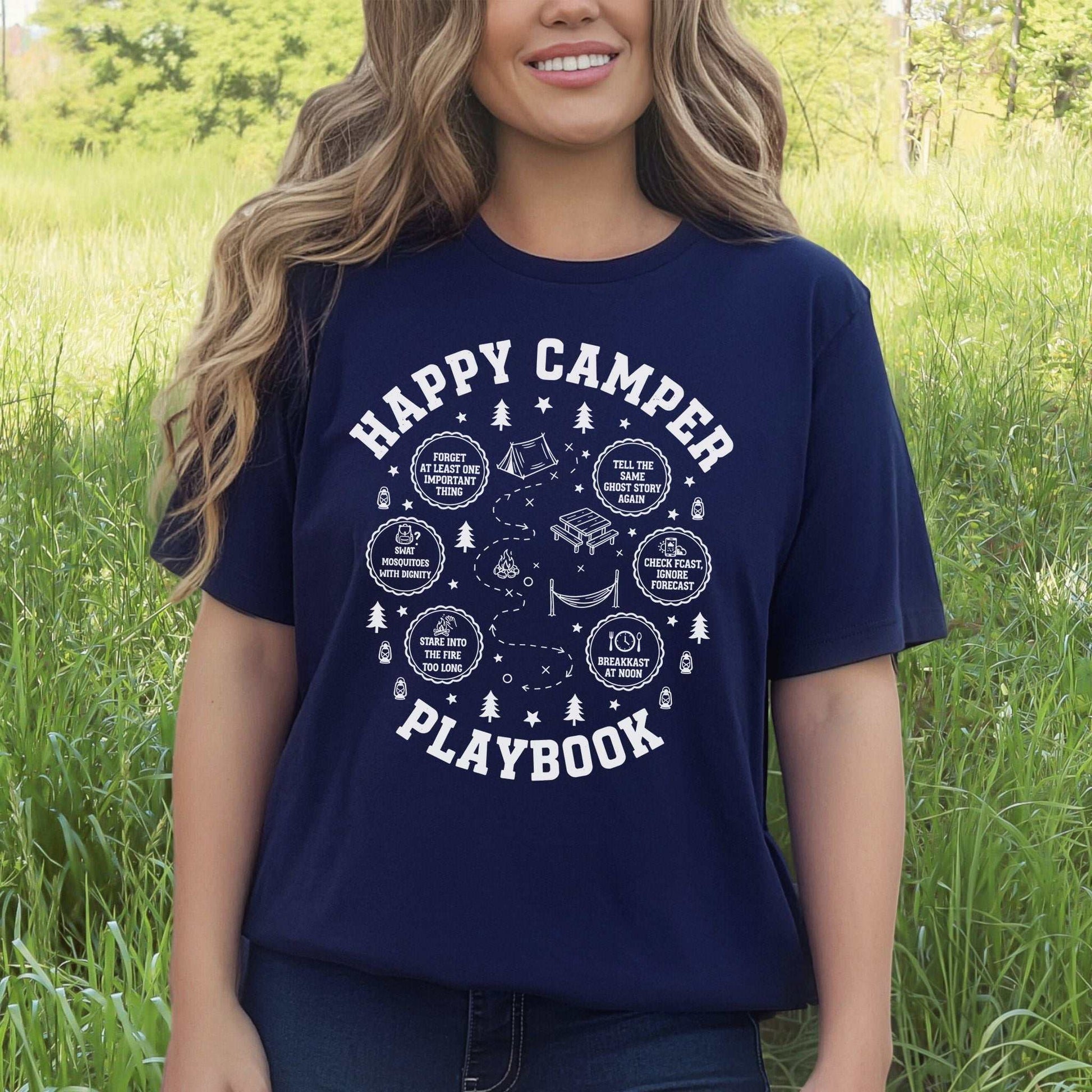 Happy Camper Playbook T-Shirt – Cozy Campfire Adventure Humor Tee